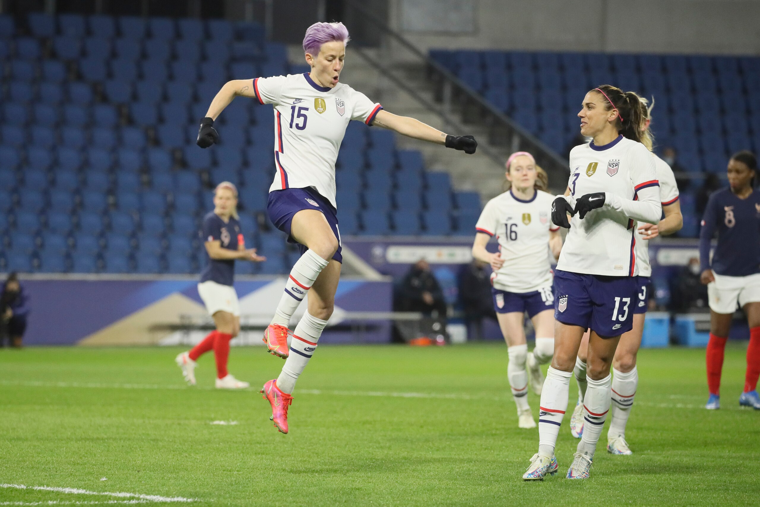 United States' Megan Rapinoe (15) celebrates after scoring on a penalty kick during the first half of an international friendly women's soccer match between the United States and France in Le Havre, France, Tuesday, April 13, 2021. (AP Photo/David Vincent)