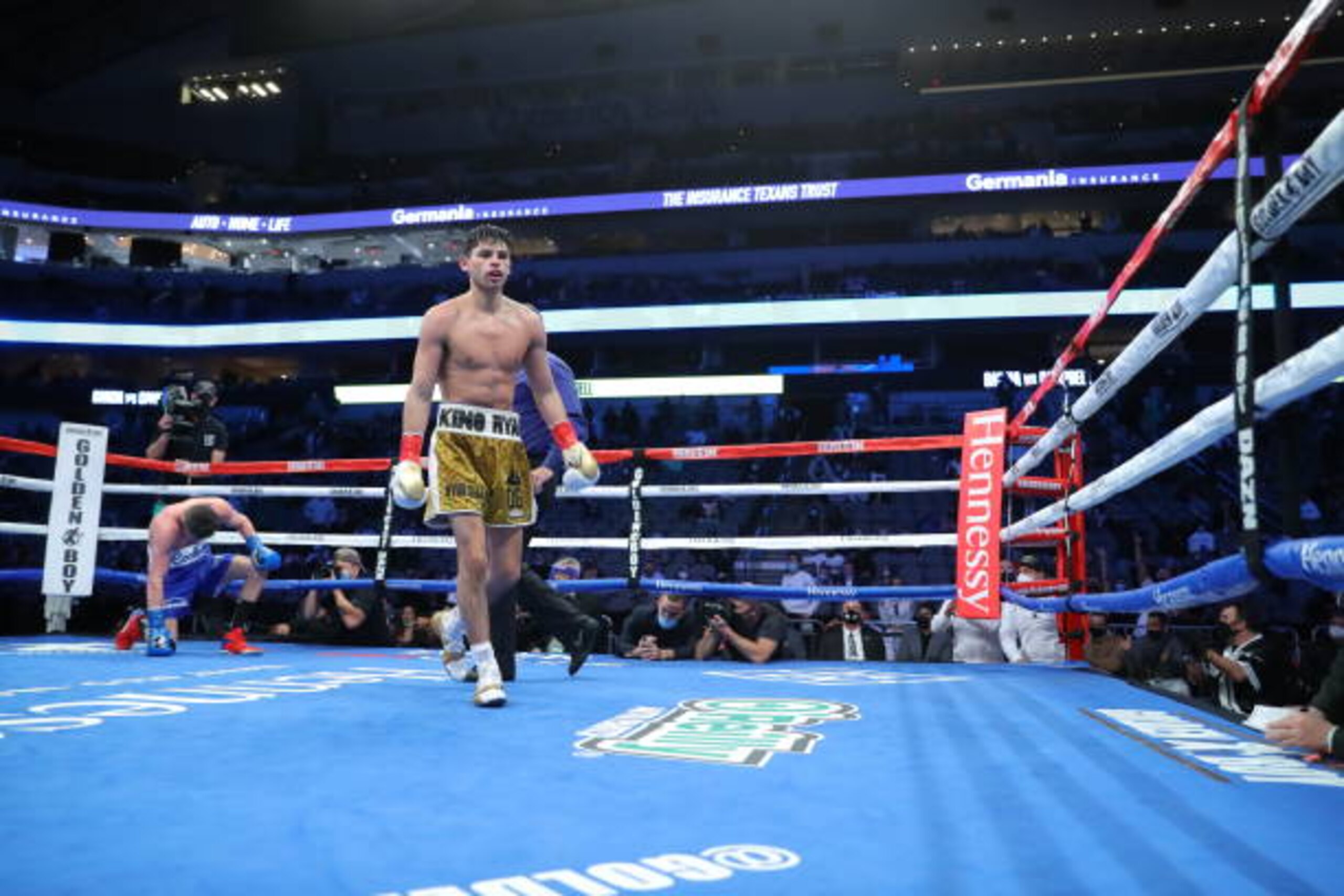 DALLAS, TEXAS - JANUARY 02: Ryan Garcia celebrates his victory against Luke Campbell at American Airlines Center on January 02, 2021 in Dallas, Texas. (Photo by Tom Hogan/Golden Boy Promotions via Getty Images)