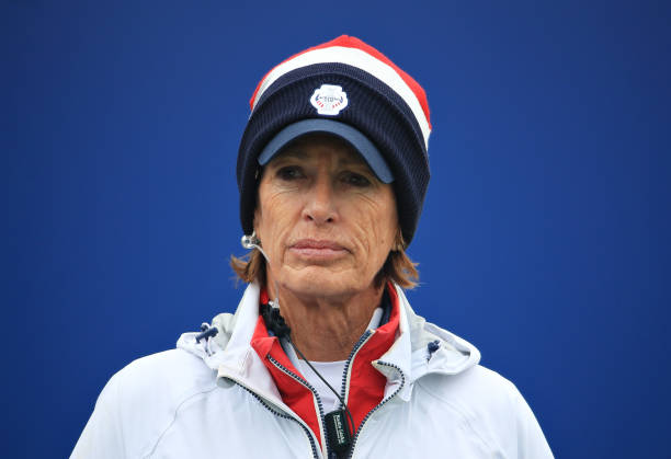 AUCHTERARDER, SCOTLAND - SEPTEMBER 15: Team USA captain Juli Inkster looks on from the first tee during the final day singles matches of the Solheim Cup at Gleneagles on September 15, 2019 in Auchterarder, Scotland. (Photo by Andrew Redington/WME IMG/WME IMG via Getty Images)