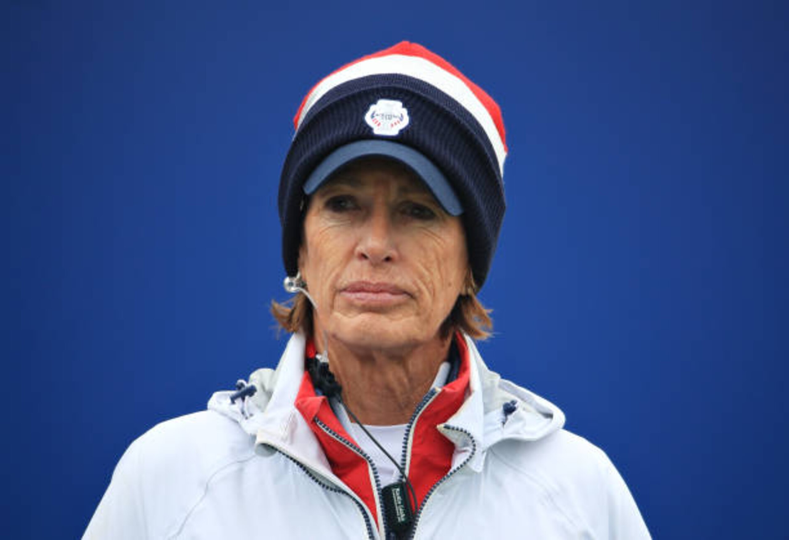 AUCHTERARDER, SCOTLAND - SEPTEMBER 15: Team USA captain Juli Inkster looks on from the first tee during the final day singles matches of the Solheim Cup at Gleneagles on September 15, 2019 in Auchterarder, Scotland. (Photo by Andrew Redington/WME IMG/WME IMG via Getty Images)