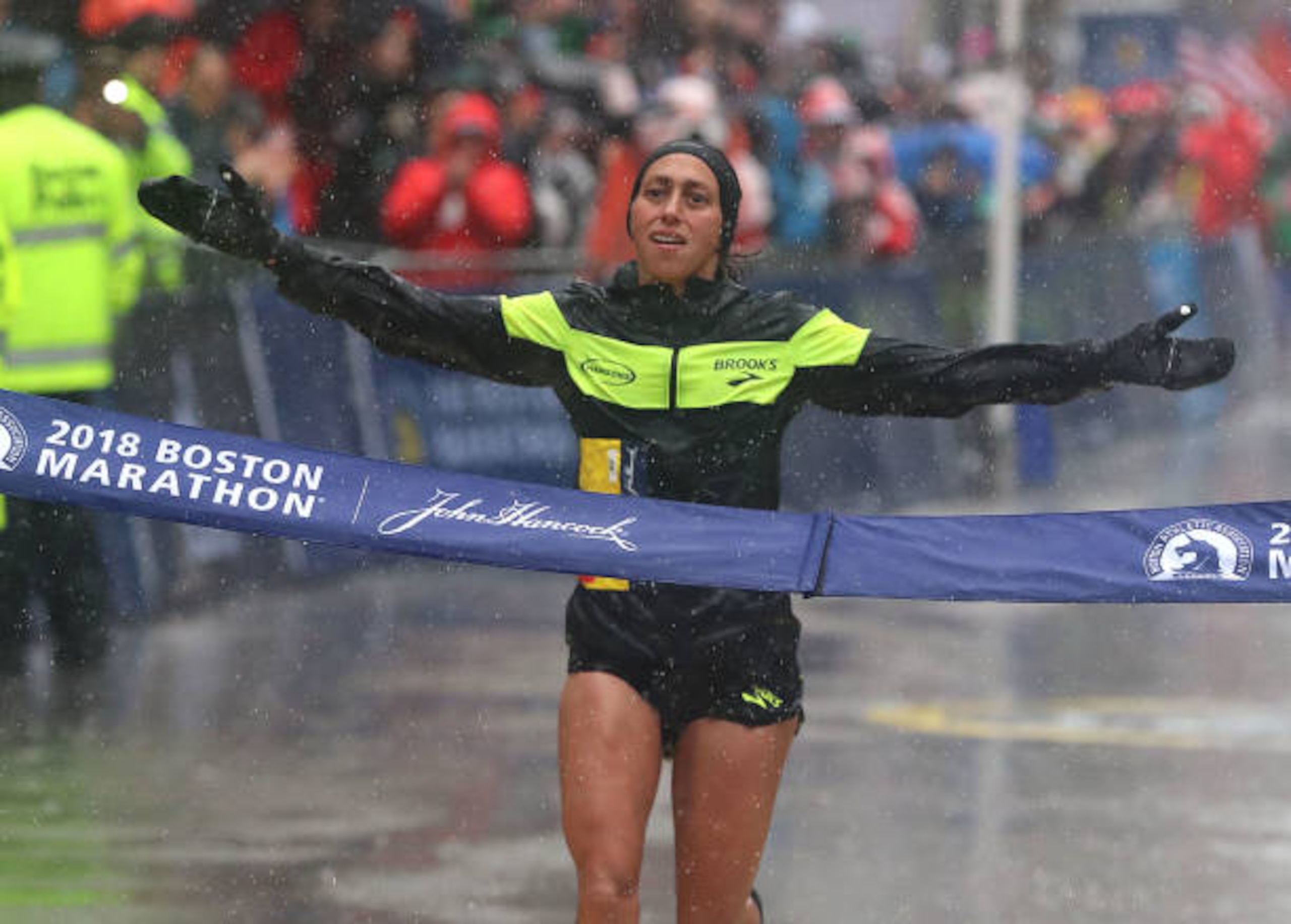 BOSTON, MA - APRIL 16: Desiree Linden crosses the finish line as the 2018 Boston Marathon women's winner on April 16, 2018. (Photo by John Tlumacki/The Boston Globe via Getty Images) BOSTON, MA - APRIL 16: Desiree Linden crosses the finish line as the 2018 Boston Marathon women's winner on April 16, 2018. (Photo by John Tlumacki/The Boston Globe via Getty Images)