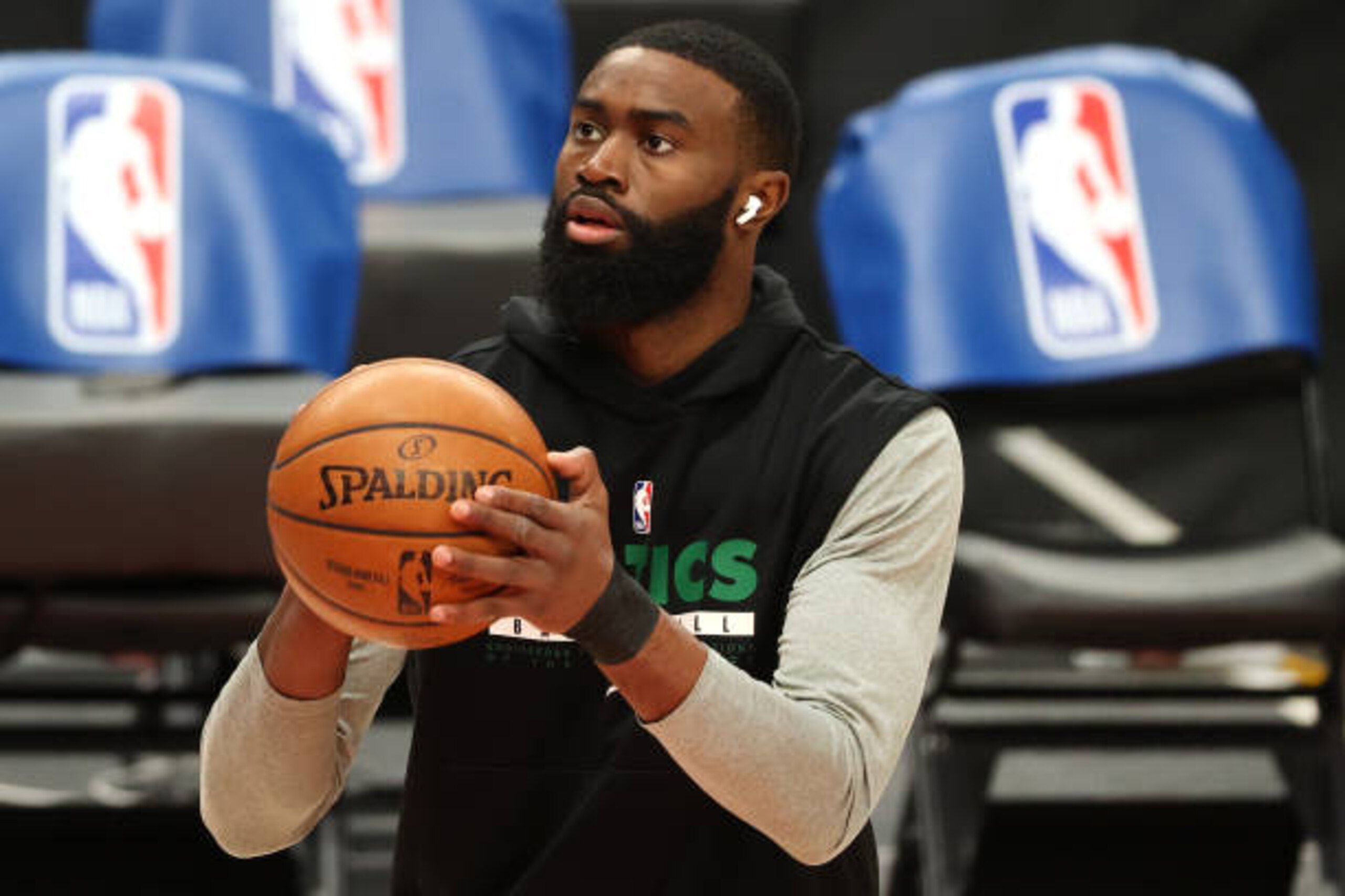 PORTLAND, OREGON - APRIL 13: Jaylen Brown #7 of the Boston Celtics warms up before the game against the Portland Trail Blazers at Moda Center on April 13, 2021 in Portland, Oregon. NOTE TO USER: User expressly acknowledges and agrees that, by downloading and or using this photograph, User is consenting to the terms and conditions of the Getty Images License Agreement. (Photo by Abbie Parr/Getty Images)