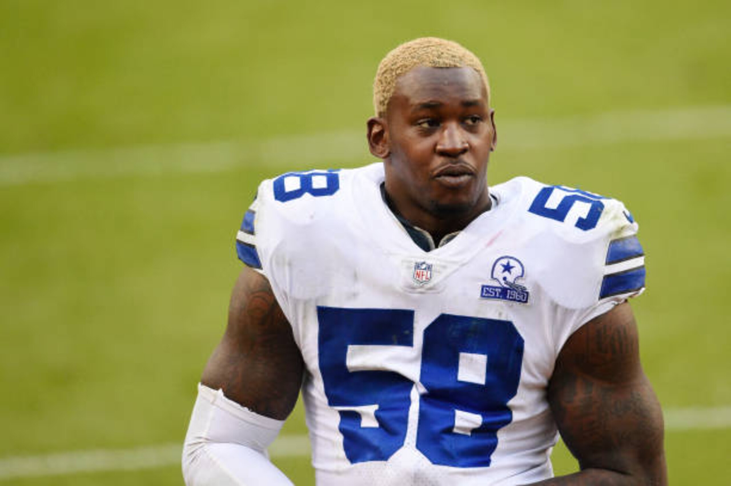 LANDOVER, MARYLAND - OCTOBER 25: Aldon Smith #58 of the Dallas Cowboys walks off the field after their 25-3 loss against the Washington Football Team at FedExField on October 25, 2020 in Landover, Maryland. (Photo by Patrick McDermott/Getty Images)