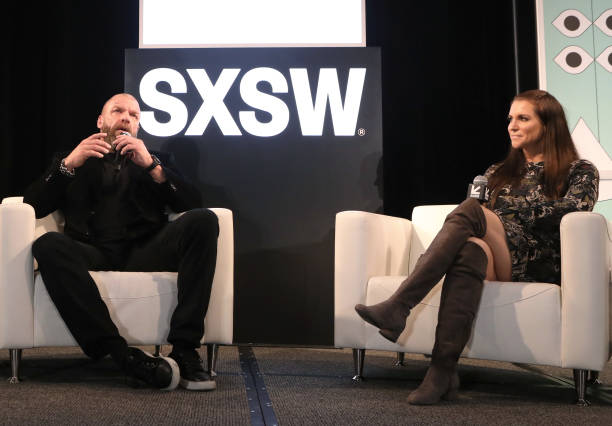 AUSTIN, TX - MARCH 09:  Paul Michael Levesque aka 'Triple H' (L) and Stephanie McMahon speak onstage at Featured Session: The WomenÂs Evolution in WWE and Beyond during the 2019 SXSW Conference and Festivals at Austin Convention Center on March 9, 2019 in Austin, Texas.  (Photo by Samantha Burkardt/Getty Images for SXSW)