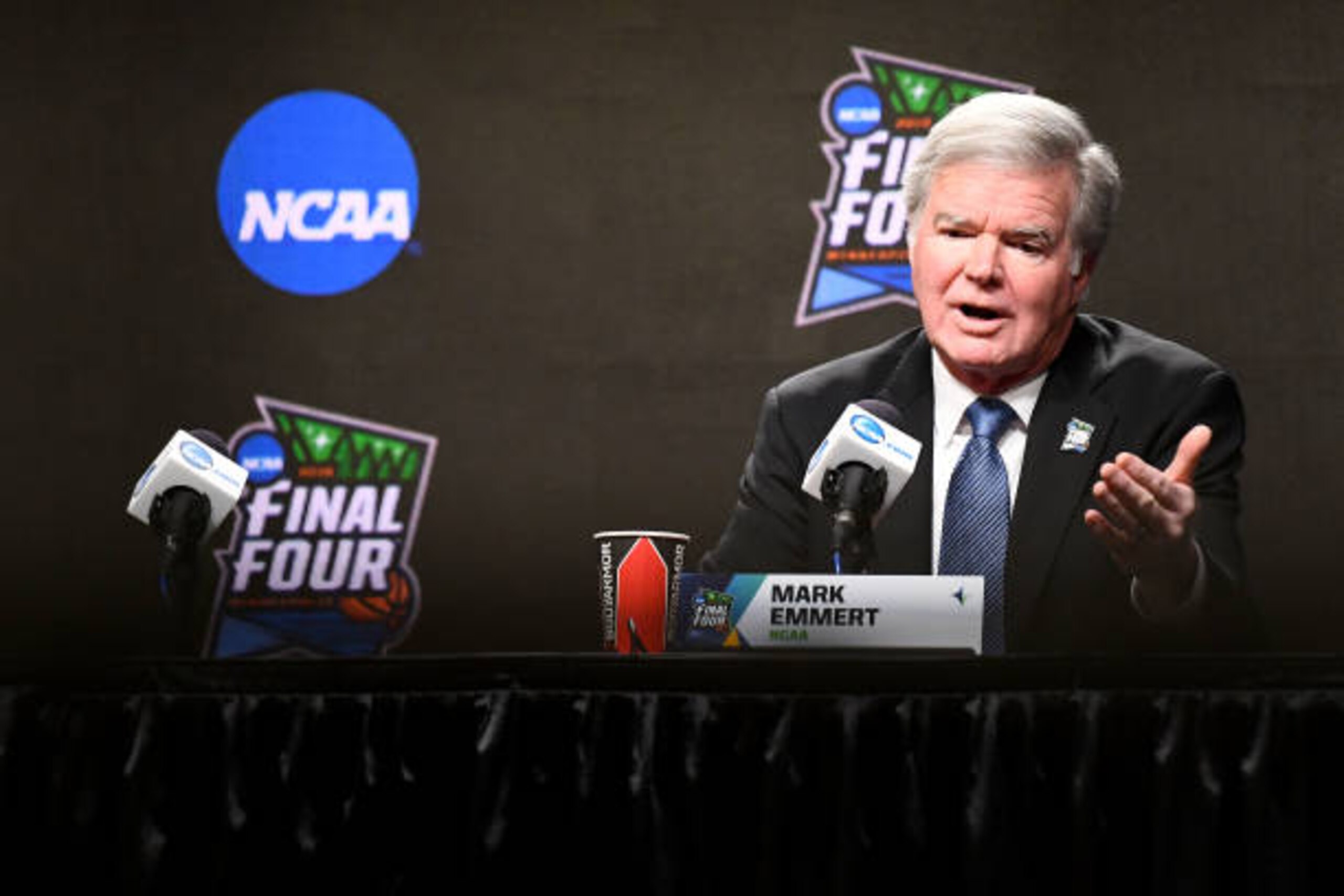 MINNEAPOLIS, MINNESOTA - APRIL 04: President of the National Collegiate Athletic Association Mark Emmert speaks to the media ahead of the Men's Final Four at U.S. Bank Stadium on April 04, 2019 in Minneapolis, Minnesota. (Photo by Brett Wilhelm/NCAA Photos via Getty Images )