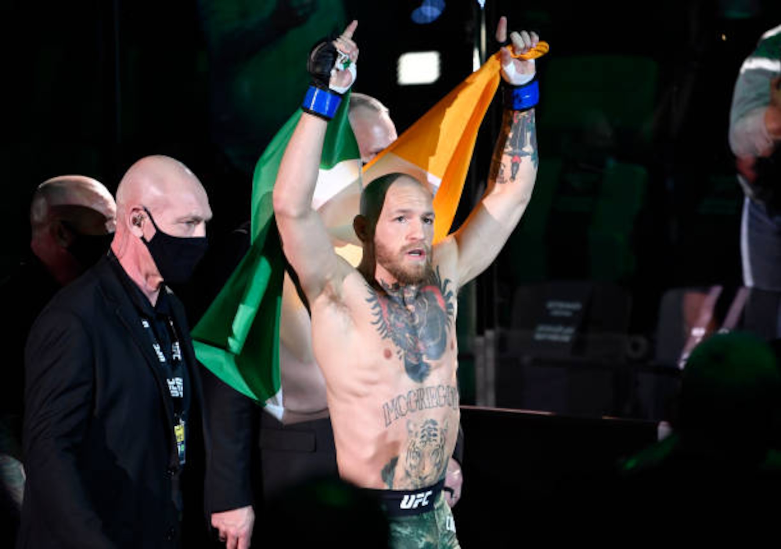 ABU DHABI, UNITED ARAB EMIRATES - JANUARY 23: Conor McGregor of Ireland prepares to fight Dustin Poirier in a lightweight fight during the UFC 257 event inside Etihad Arena on UFC Fight Island on January 23, 2021 in Abu Dhabi, United Arab Emirates. (Photo by Jeff Bottari/Zuffa LLC)