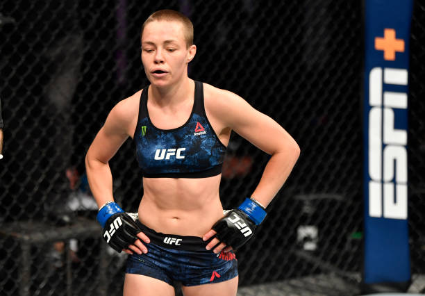 ABU DHABI, UNITED ARAB EMIRATES - JULY 12: Rose Namajunas returns to her corner after the first round of her strawweight fight against Jessica Andrade during the UFC 251 event at Flash Forum on UFC Fight Island on July 12, 2020 on Yas Island, Abu Dhabi, United Arab Emirates. (Photo by Jeff Bottari/Zuffa LLC)