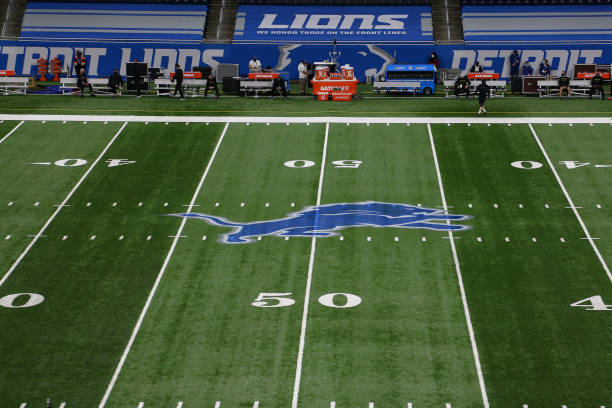 DETROIT, MI - NOVEMBER 15:  A general view of the Detroit Lions logo is seen before the start of a regular season game between the Washington Football Team and the Detroit Lions on November 15, 2020 at Ford Field in Detroit, Michigan.  (Photo by Scott W. Grau/Icon Sportswire via Getty Images)