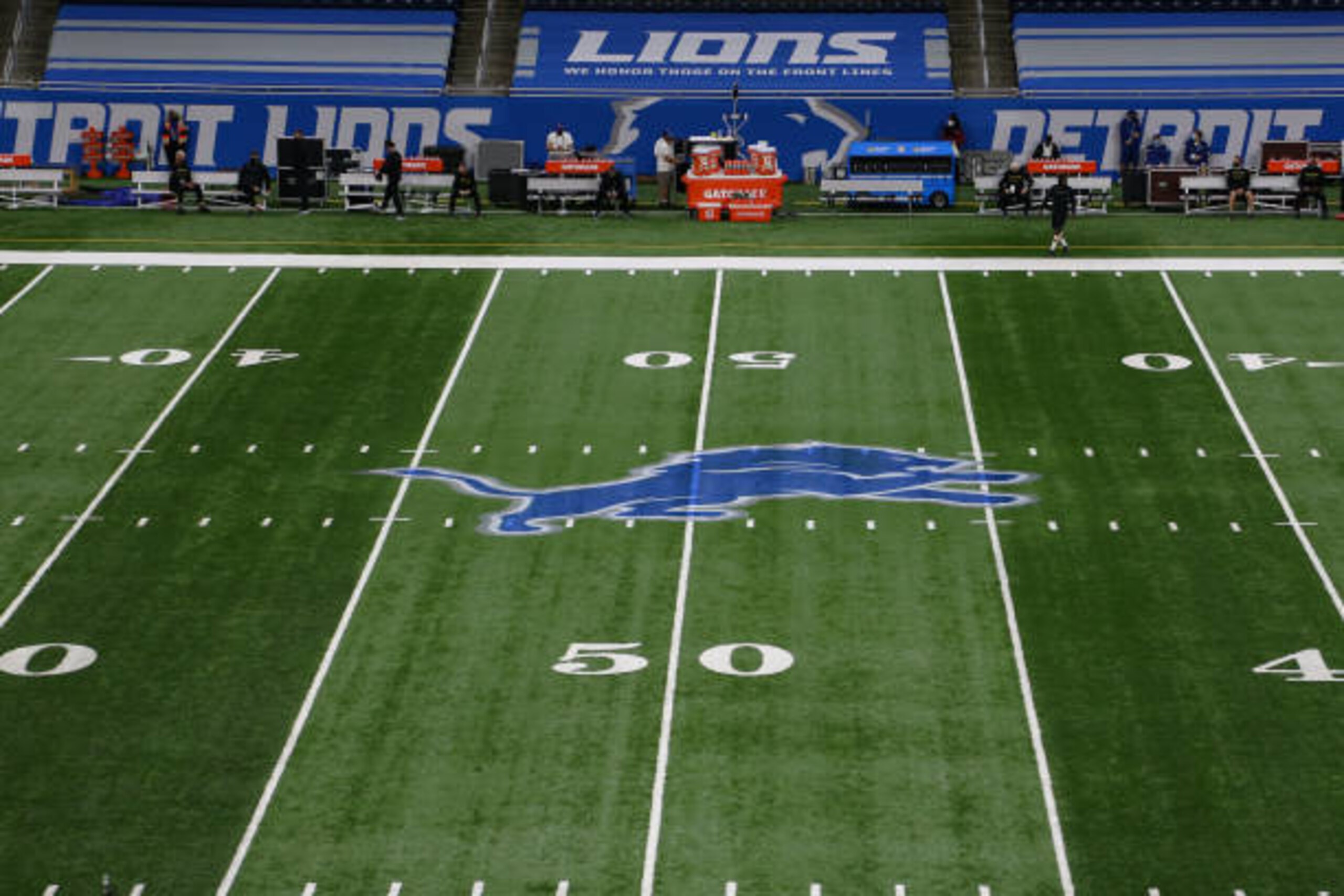 DETROIT, MI - NOVEMBER 15: A general view of the Detroit Lions logo is seen before the start of a regular season game between the Washington Football Team and the Detroit Lions on November 15, 2020 at Ford Field in Detroit, Michigan. (Photo by Scott W. Grau/Icon Sportswire via Getty Images) DETROIT, MI - NOVEMBER 15: A general view of the Detroit Lions logo is seen before the start of a regular season game between the Washington Football Team and the Detroit Lions on November 15, 2020 at Ford Field in Detroit, Michigan. (Photo by Scott W. Grau/Icon Sportswire via Getty Images)