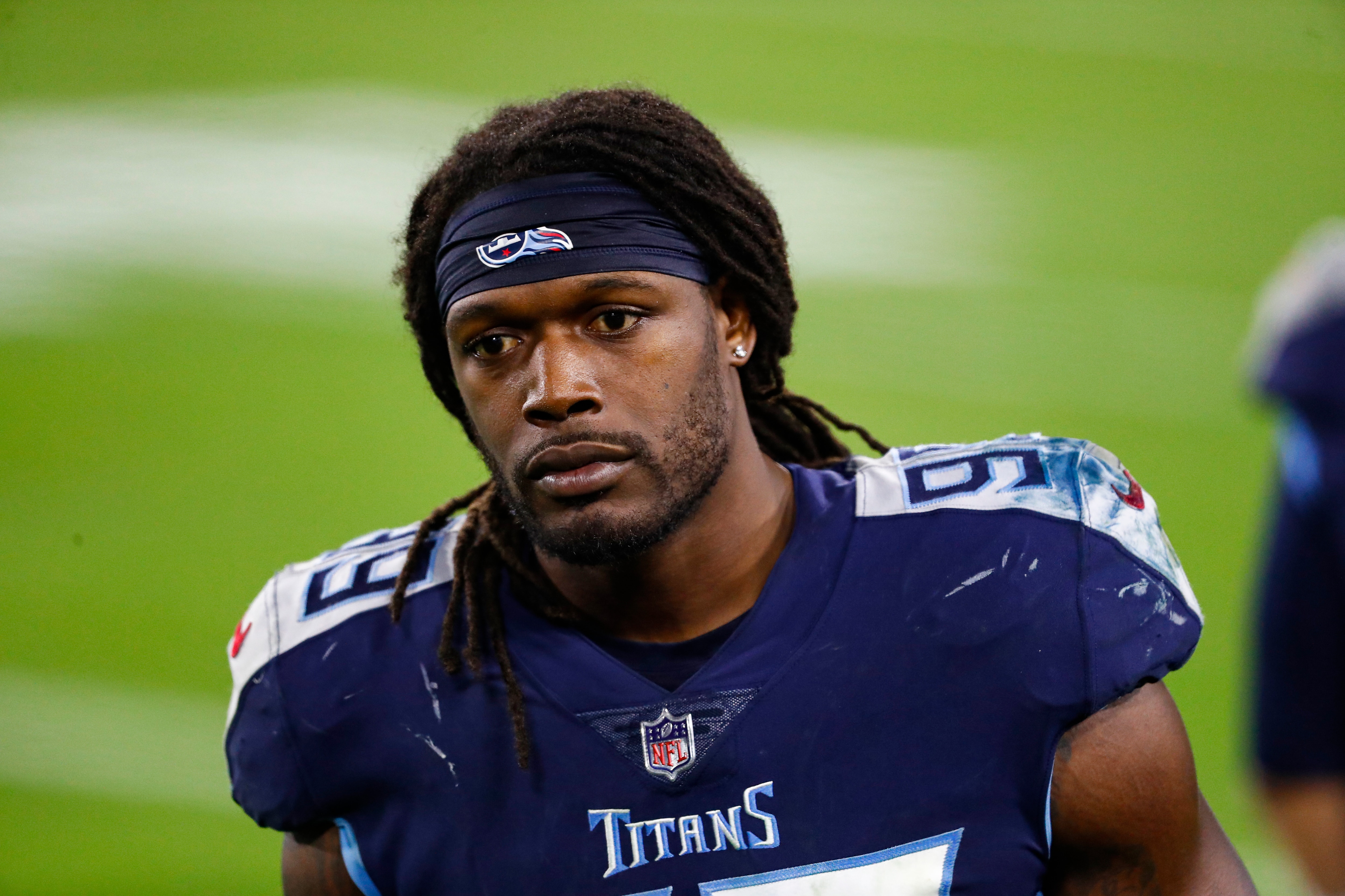 Tennessee Titans linebacker Jadeveon Clowney (99) stands on the sideline in the second half of an NFL football game against the Indianapolis Colts Thursday, Nov. 12, 2020, in Nashville, Tenn. (AP Photo/Wade Payne)