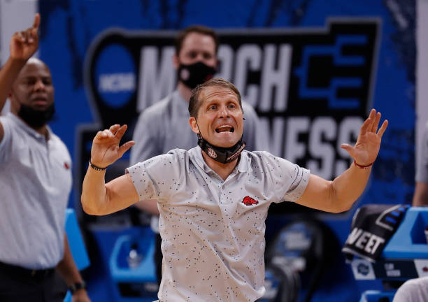 INDIANAPOLIS, INDIANA - MARCH 27: Head coach Eric Musselman of the Arkansas Razorbacks reacts against the Oral Roberts Golden Eagles during the second half in the Sweet Sixteen round of the 2021 NCAA Men's Basketball Tournament at Bankers Life Fieldhouse on March 27, 2021 in Indianapolis, Indiana. (Photo by Jamie Squire/Getty Images)