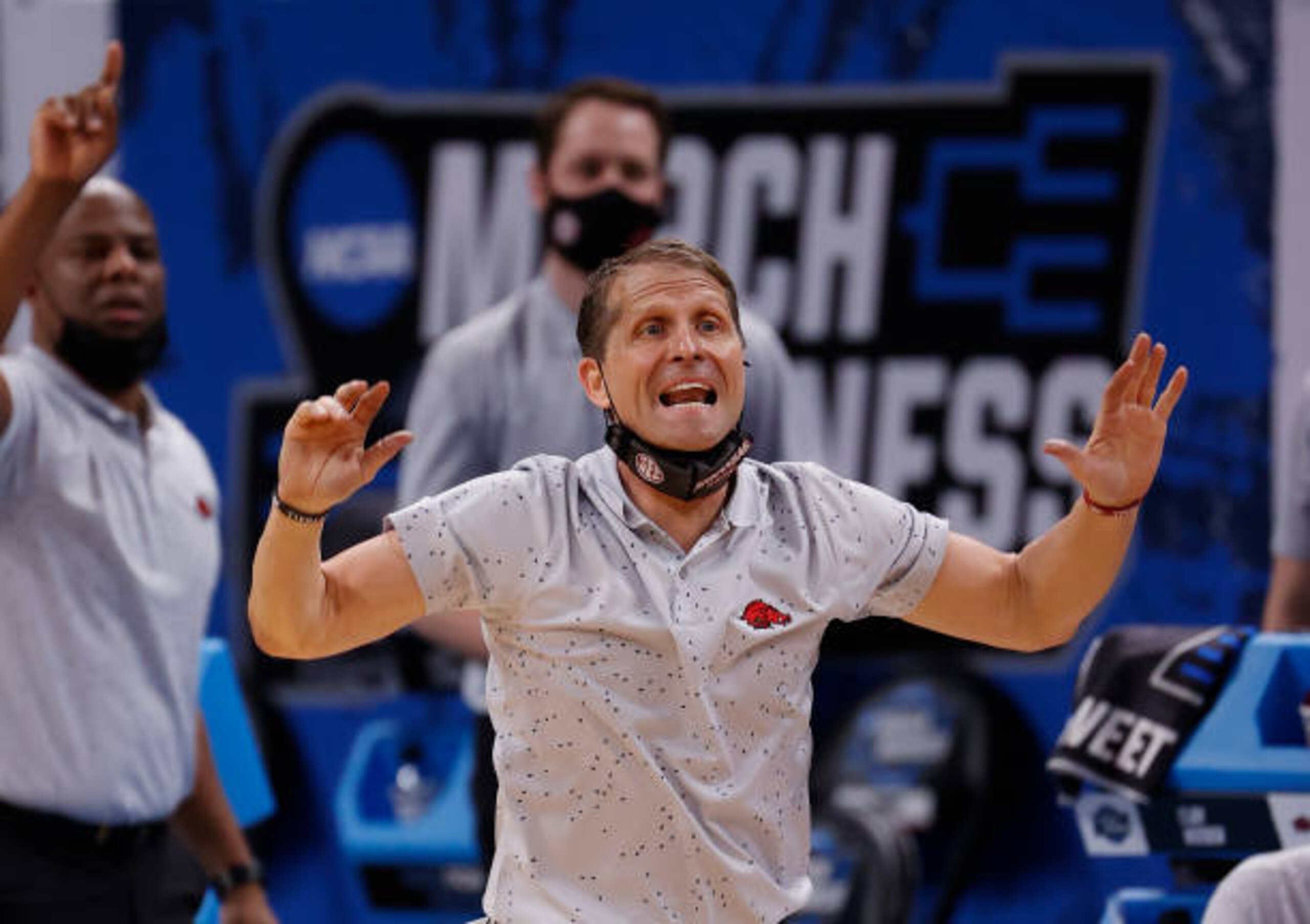 INDIANAPOLIS, INDIANA - MARCH 27: Head coach Eric Musselman of the Arkansas Razorbacks reacts against the Oral Roberts Golden Eagles during the second half in the Sweet Sixteen round of the 2021 NCAA Men's Basketball Tournament at Bankers Life Fieldhouse on March 27, 2021 in Indianapolis, Indiana. (Photo by Jamie Squire/Getty Images)