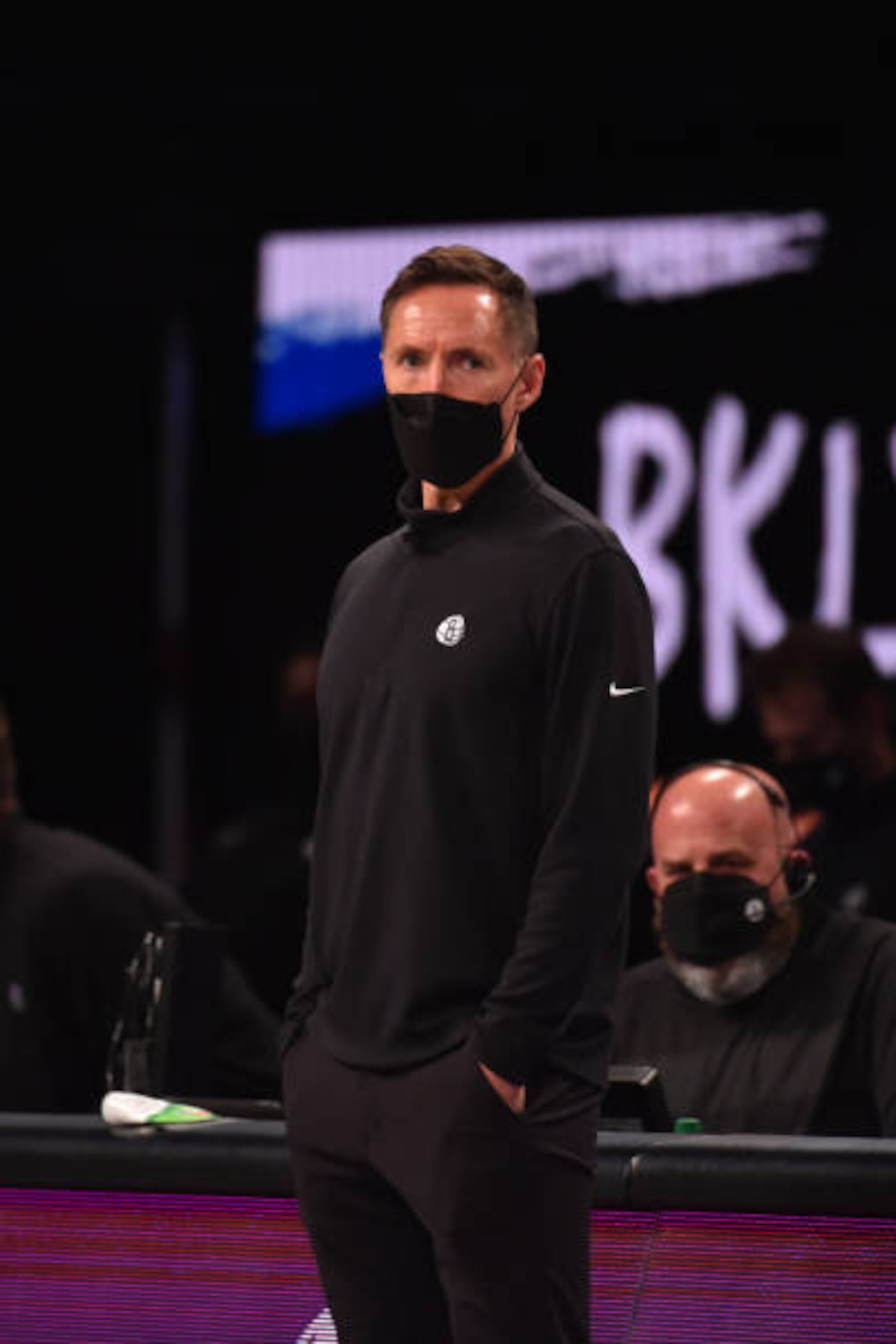 BROOKLYN, NY - APRIL 10: Head Coach Steve Nash of the Brooklyn Nets looks on during a game against the Los Angeles Lakers on April 10, 2021 at Barclays Center in Brooklyn, New York. NOTE TO USER: User expressly acknowledges and agrees that, by downloading and/or using this Photograph, user is consenting to the terms and conditions of the Getty Images License Agreement. Mandatory Copyright Notice: Copyright 2021 NBAE (Photo by Jesse D. Garrabrant/NBAE via Getty Images)