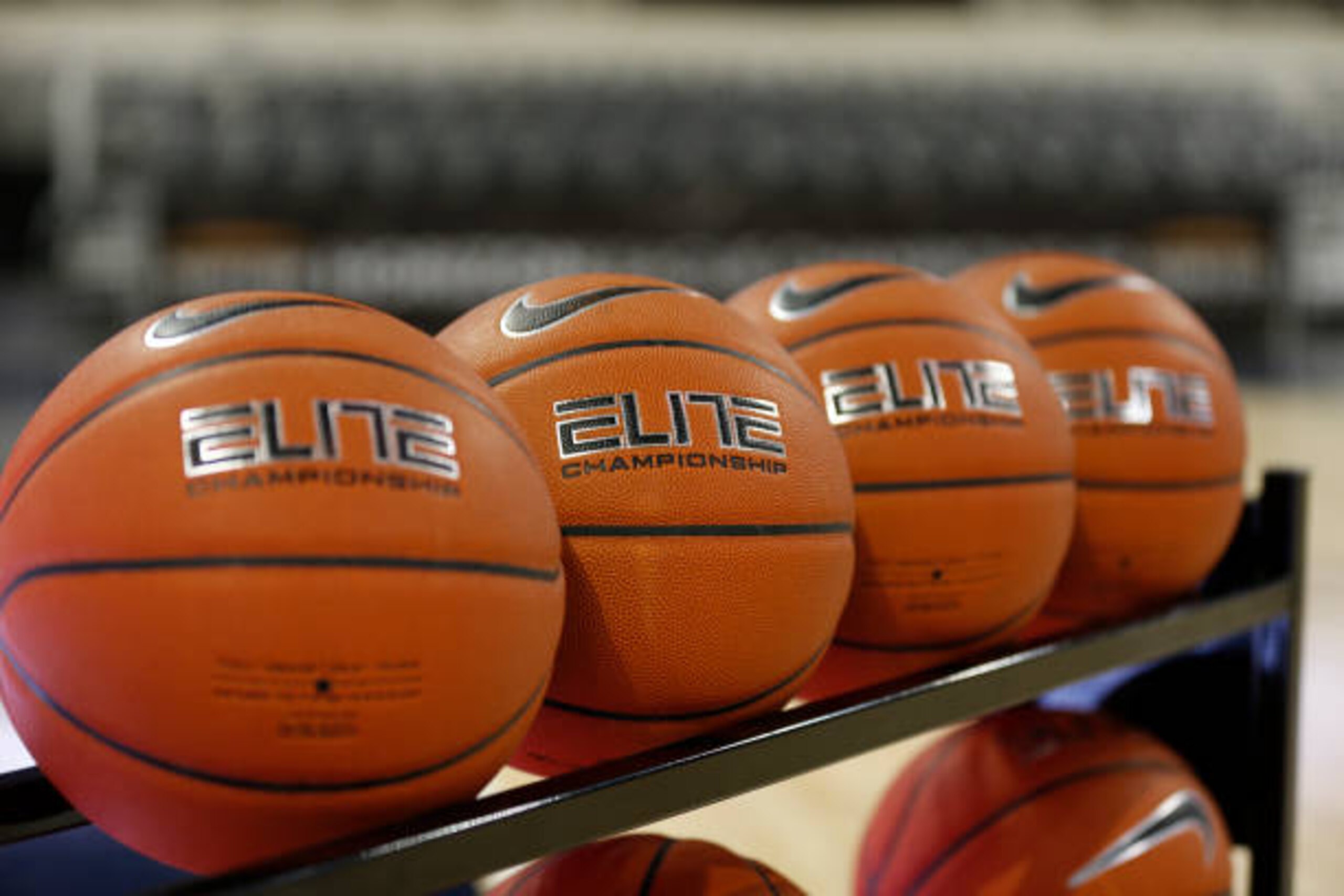 INDIANAPOLIS, IN - MARCH 10: Nike Elite basketball sit on the rack prior to the 2020 Horizon League Mens Basketball Championships championship game between the Northern Kentucky Norse and the UIC Flames on March 10, 2020 at Indiana Farmers Coliseum in Indianapolis, IN.(Photo by Jeffrey Brown/Icon Sportswire via Getty Images)