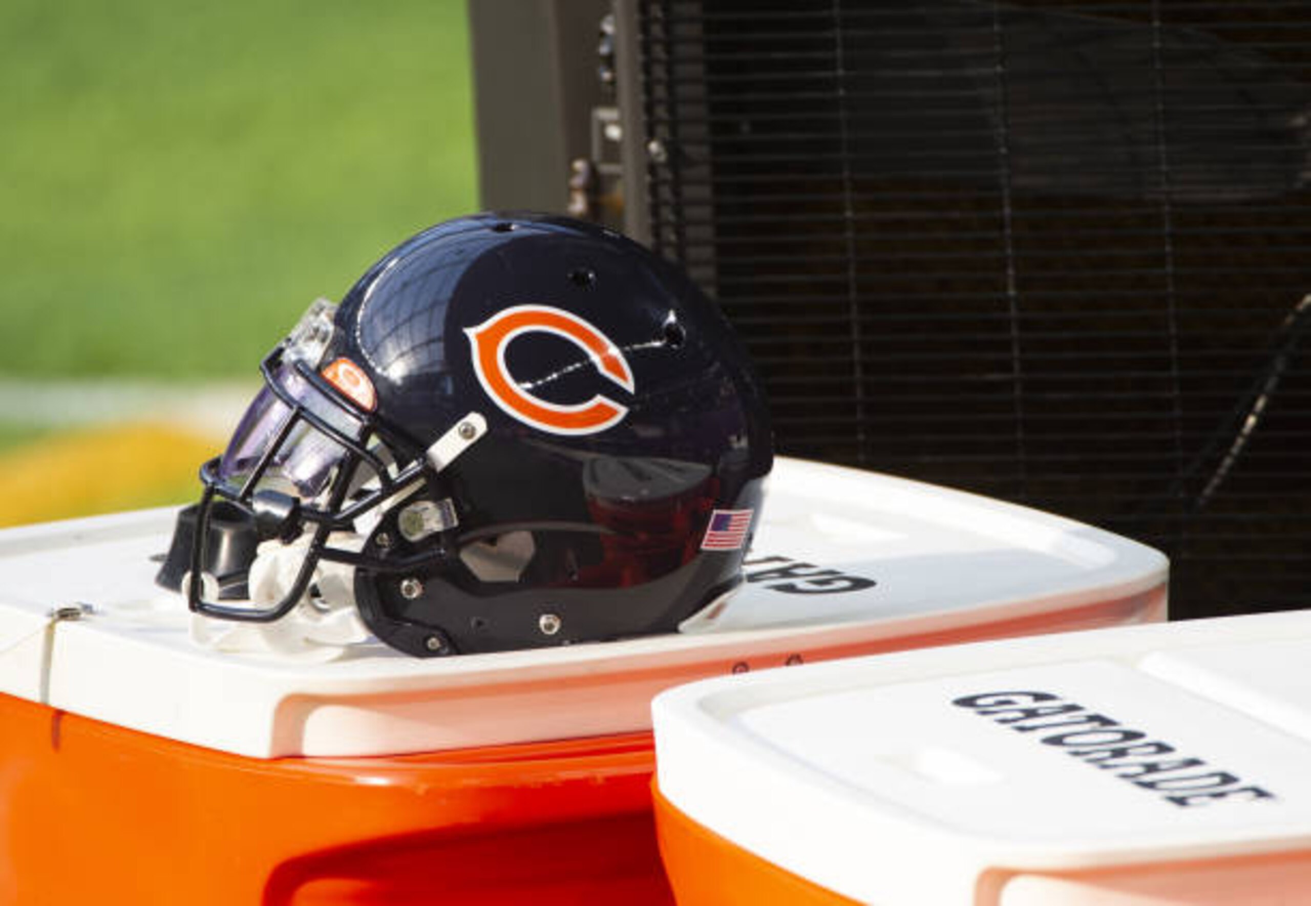 MINNEAPOLIS, MN - DECEMBER 20: A Chicago Bears helmet sits on a Gatorade container before the game against the Minnesota Vikings at U.S. Bank Stadium on December 20, 2020 in Minneapolis, Minnesota. (Photo by Stephen Maturen/Getty Images)