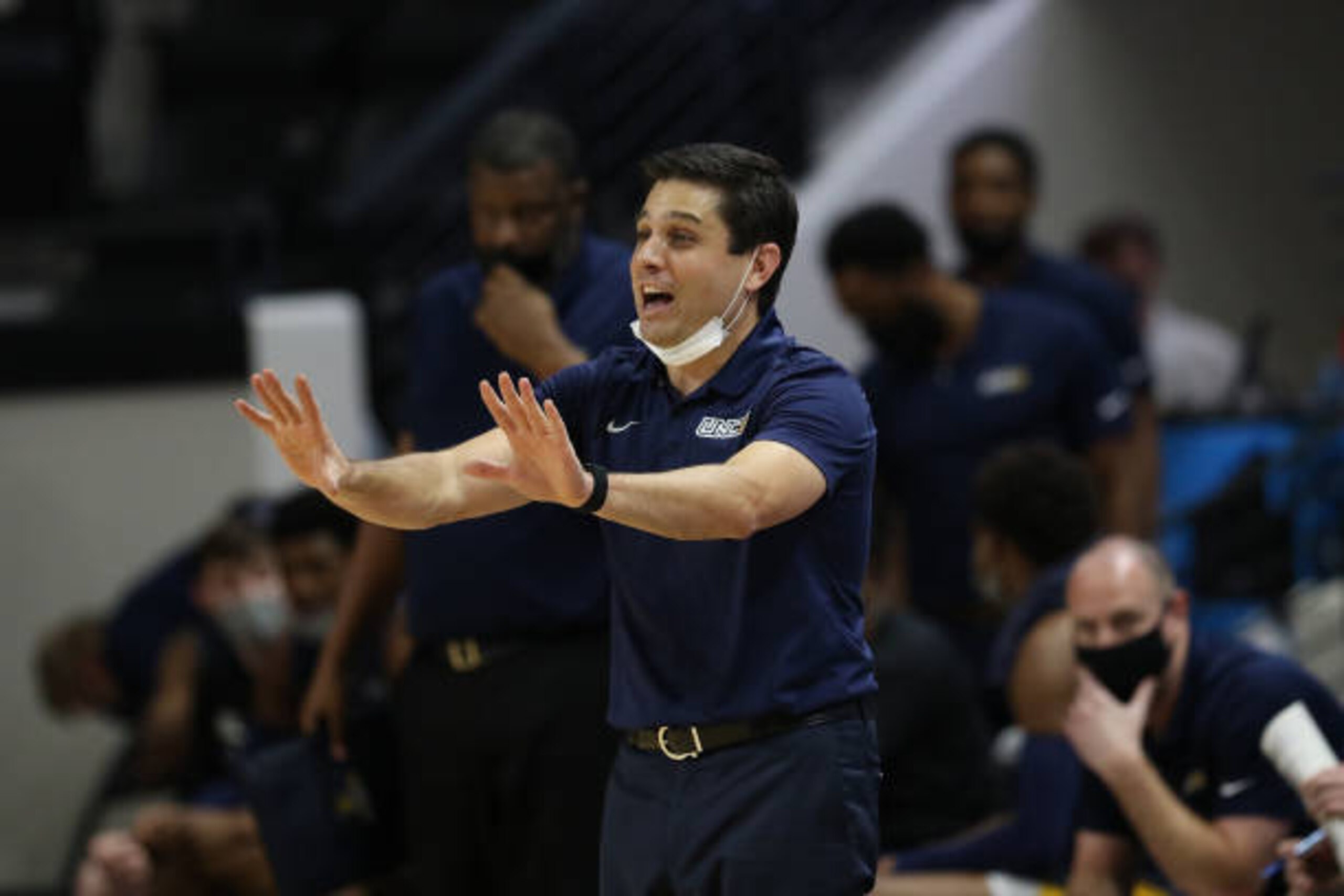 SPARTANBURG, SC - JANUARY 06: Wes Miller head coach of UNCG during a college basketball game between UNC Greensboro Spartans and the Wofford Terriers on Jan 6, 2021, at Jerry Richardson Indoor Stadium in Spartanburg, S.C. (Photo by John Byrum/Icon Sportswire via Getty Images) SPARTANBURG, SC - JANUARY 06: Wes Miller head coach of UNCG during a college basketball game between UNC Greensboro Spartans and the Wofford Terriers on Jan 6, 2021, at Jerry Richardson Indoor Stadium in Spartanburg, S.C. (Photo by John Byrum/Icon Sportswire via Getty Images)