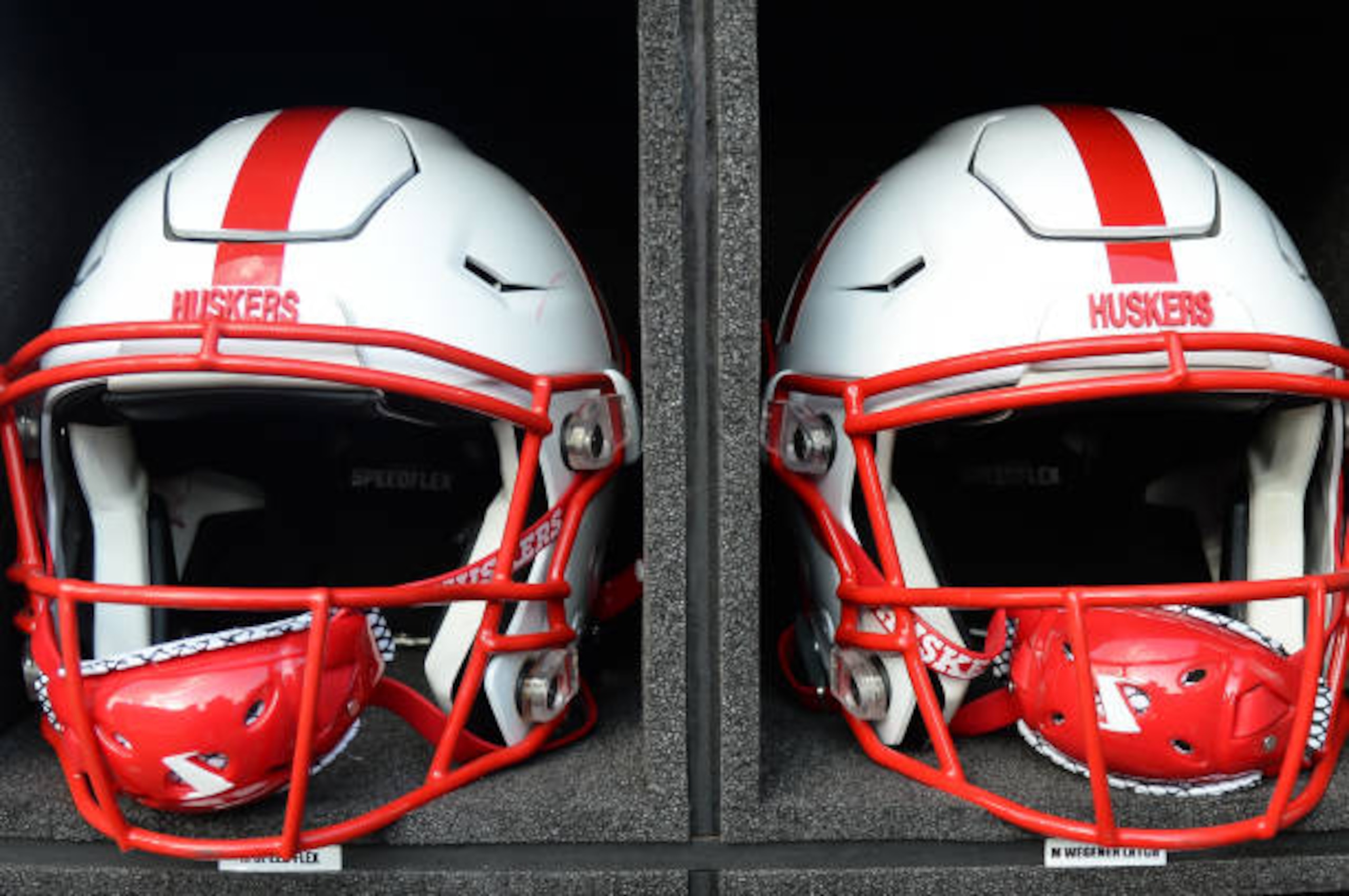 LINCOLN, NE - SEPTEMBER 14: Helmets of the Nebraska Cornhuskers before the game against the Northern Illinois Huskies at Memorial Stadium on September 14, 2019 in Lincoln, Nebraska. (Photo by Steven Branscombe/Getty Images)