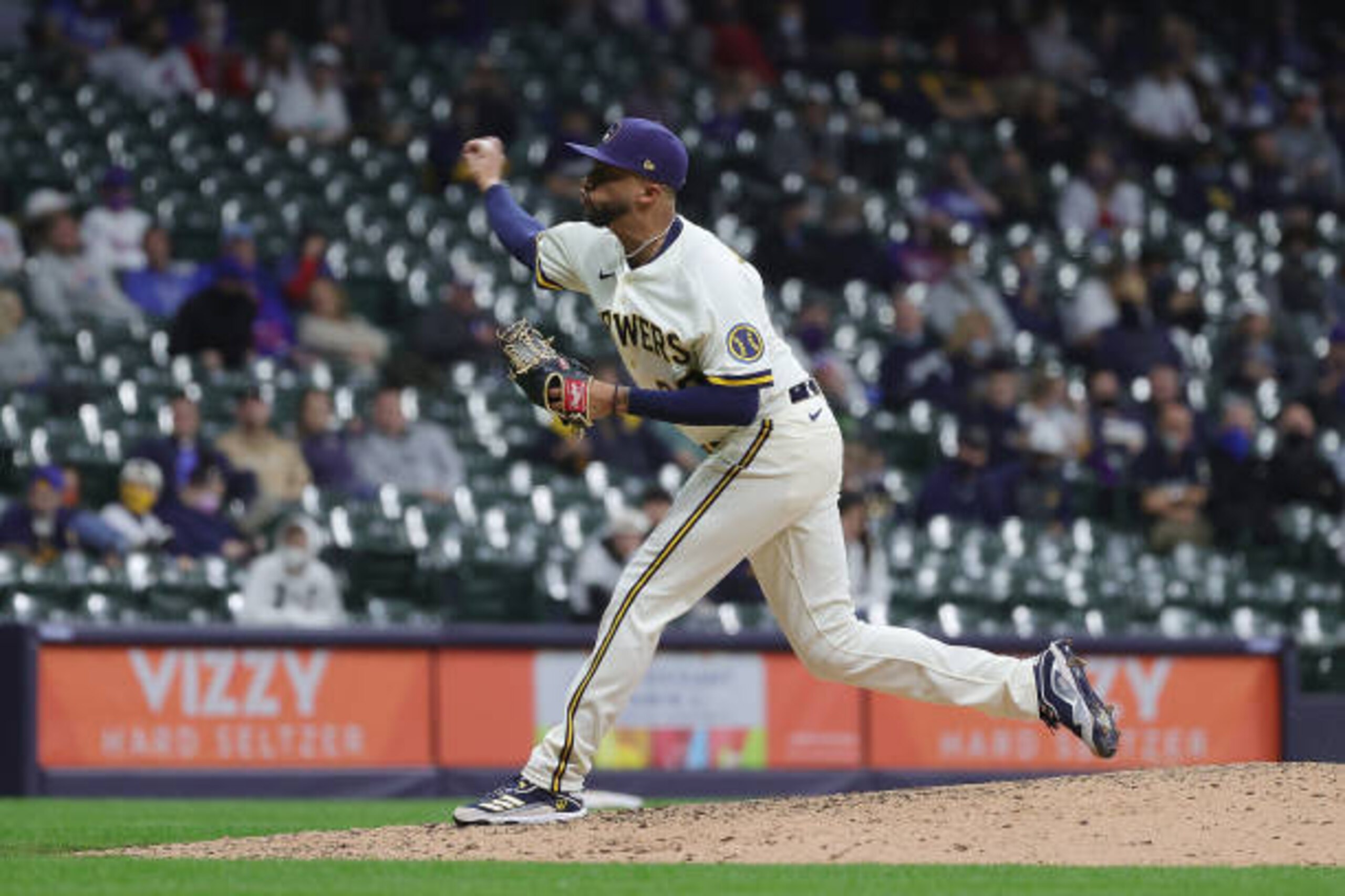 MILWAUKEE, WISCONSIN - APRIL 12: Devin Williams #38 of the Milwaukee Brewers throws a pitch during the eighth inning against the Chicago Cubs at American Family Field on April 12, 2021 in Milwaukee, Wisconsin. (Photo by Stacy Revere/Getty Images)