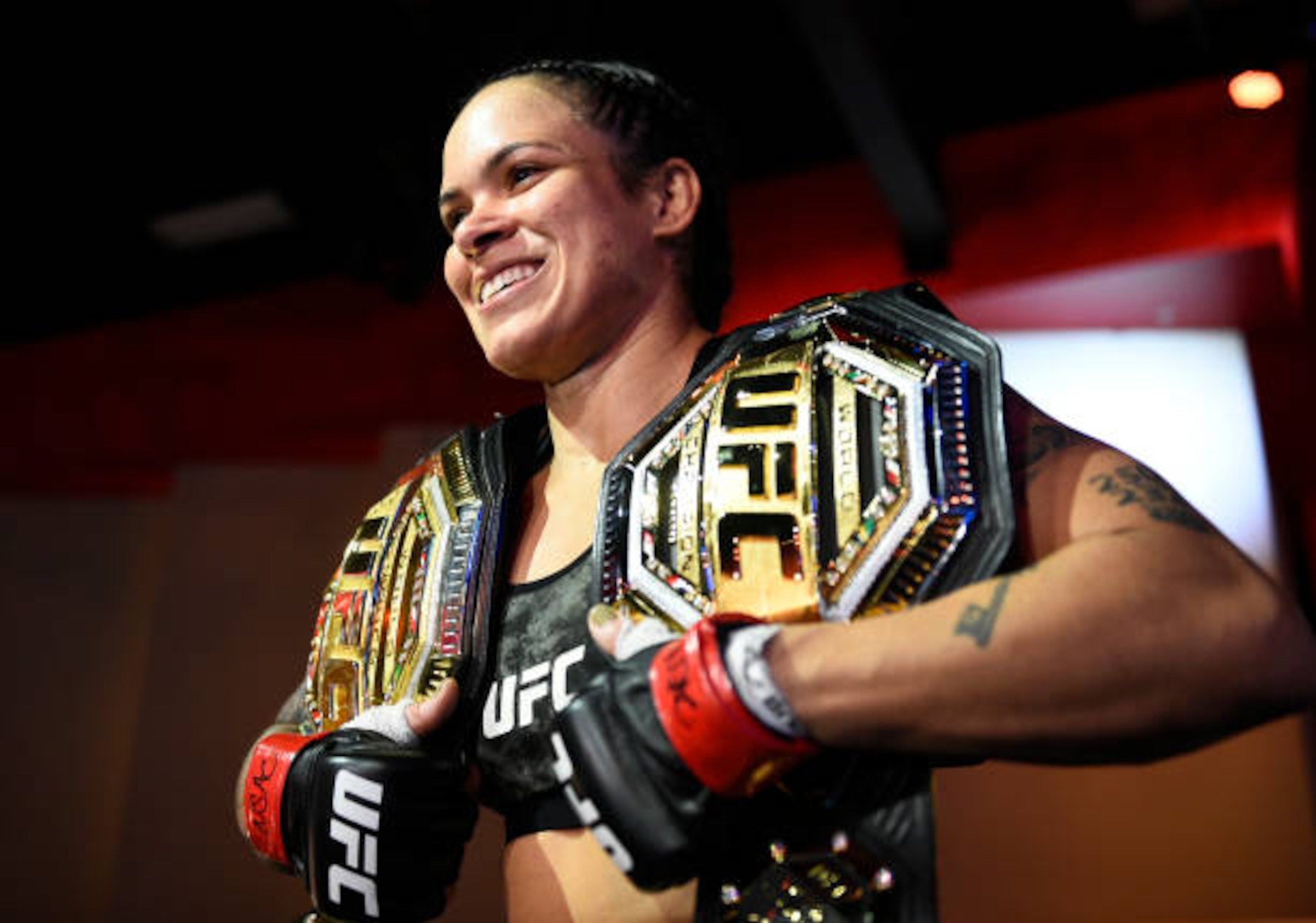 LAS VEGAS, NEVADA - MARCH 06: Amanda Nunes of Brazil reacts after her victory over Megan Anderson of Australia in their UFC featherweight championship fight during the UFC 259 event at UFC APEX on March 06, 2021 in Las Vegas, Nevada. (Photo by Chris Unger/Zuffa LLC)