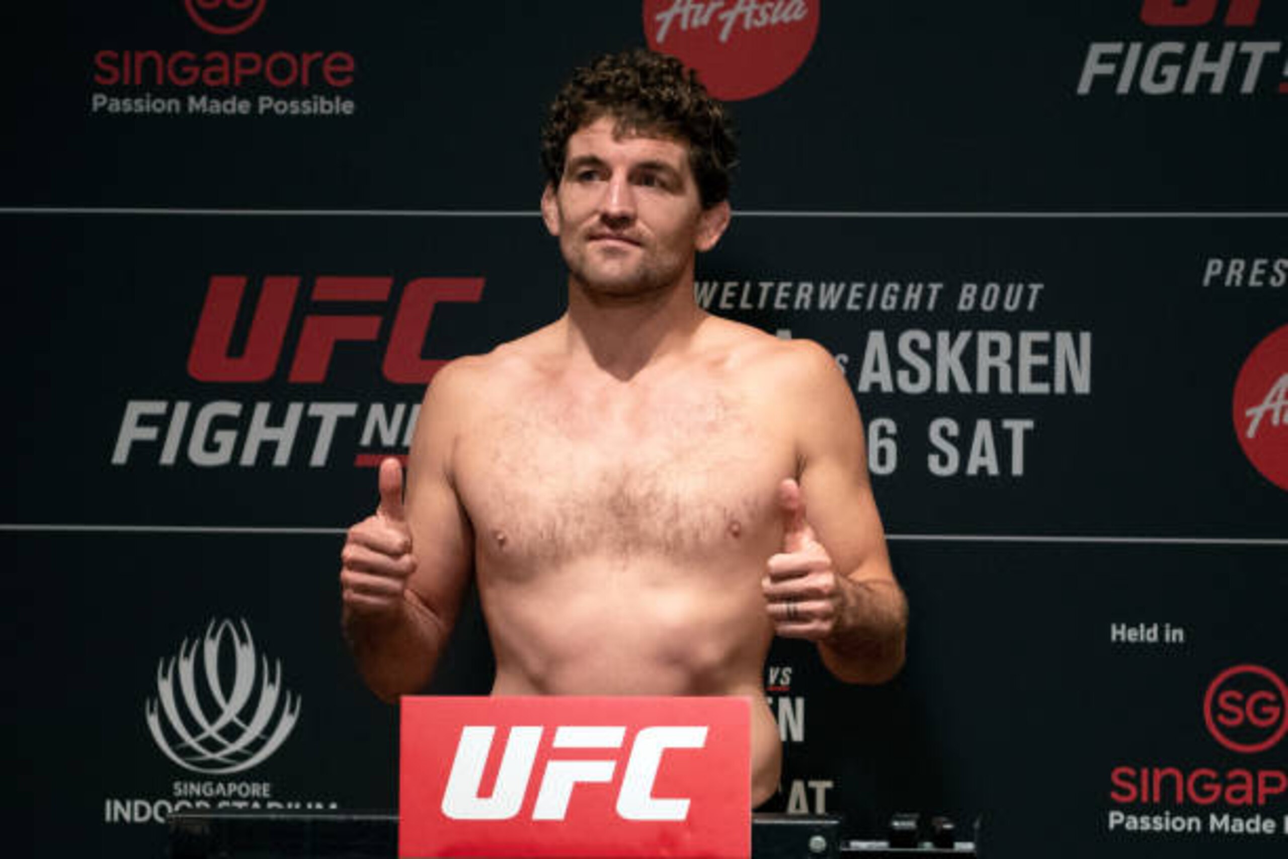SINGAPORE, SINGAPORE - OCTOBER 25:  Ben Askren poses on the scale during the UFC Fight Night weigh-in at the Mandarin Oriental on October 25, 2019 in Singapore, Singapore. (Photo by Jeff Bottari/Zuffa LLC via Getty Images)