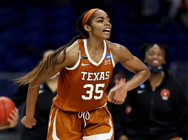 SAN ANTONIO, TEXAS - MARCH 28: Charli Collier #35 of the Texas Longhorns celebrates the lead late in the fourth quarter against the Maryland Terrapins during the Sweet Sixteen round of the NCAA Women's Basketball Tournament at the Alamodome on March 28, 2021 in San Antonio, Texas.The Texas Longhorns defeated the Maryland Terrapins 64-61 (Photo by Elsa/Getty Images)