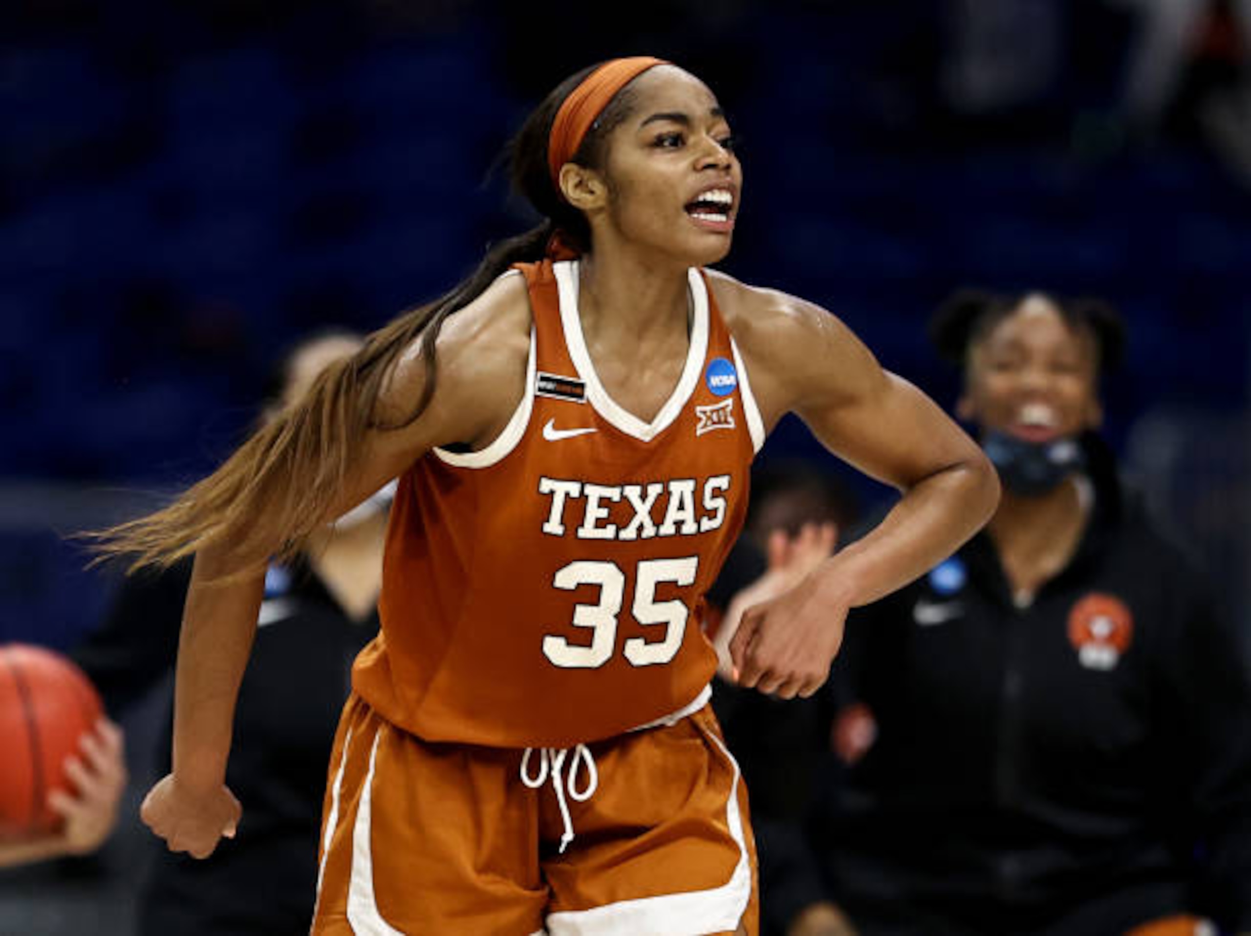 SAN ANTONIO, TEXAS - MARCH 28: Charli Collier #35 of the Texas Longhorns celebrates the lead late in the fourth quarter against the Maryland Terrapins during the Sweet Sixteen round of the NCAA Women's Basketball Tournament at the Alamodome on March 28, 2021 in San Antonio, Texas.The Texas Longhorns defeated the Maryland Terrapins 64-61 (Photo by Elsa/Getty Images)