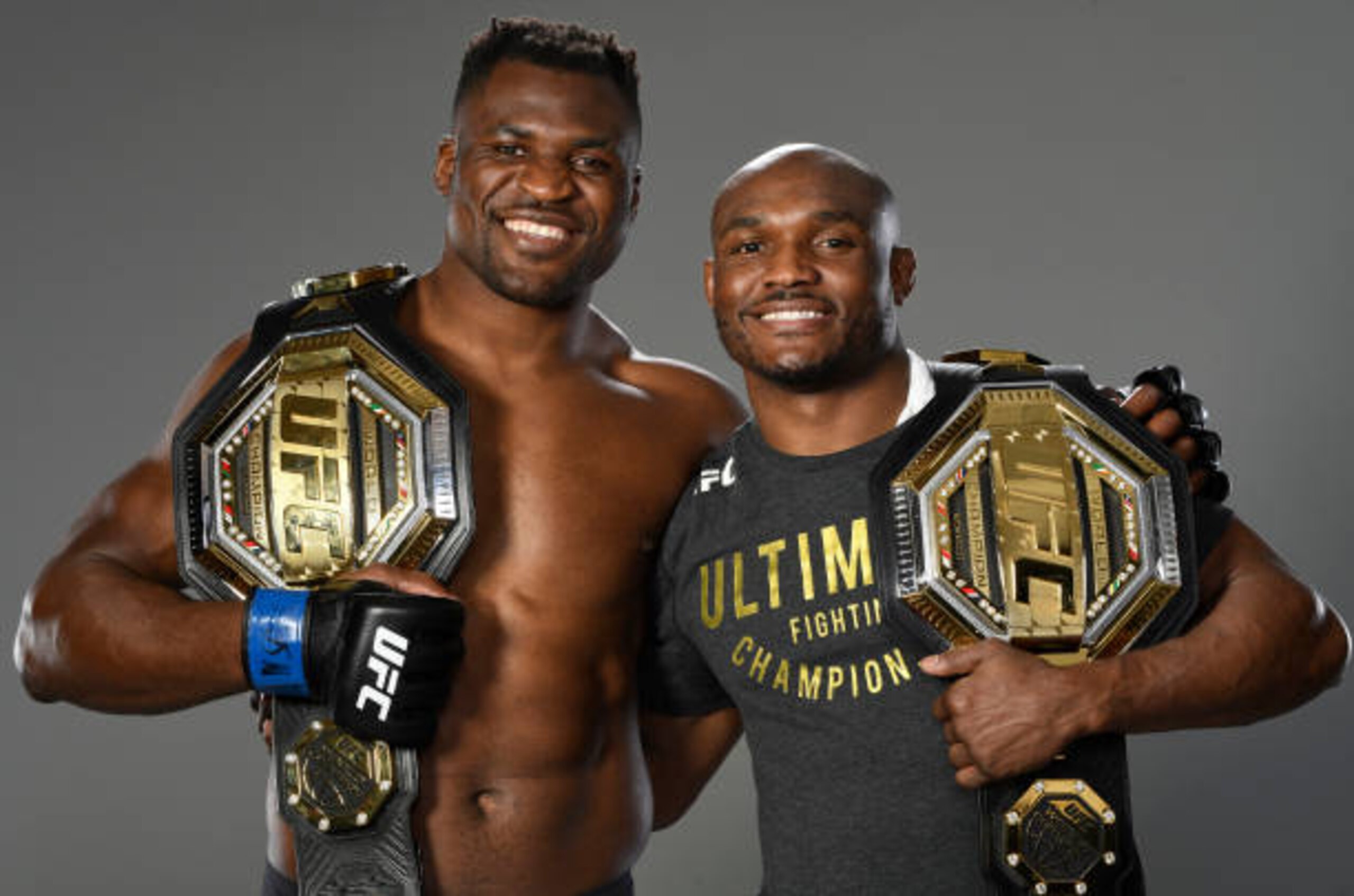 LAS VEGAS, NEVADA - MARCH 27: Francis Ngannou of Cameroon poses with Kamaru Usman backstage after his victory during the UFC 260 event at UFC APEX on March 27, 2021 in Las Vegas, Nevada. (Photo by Mike Roach/Zuffa LLC)