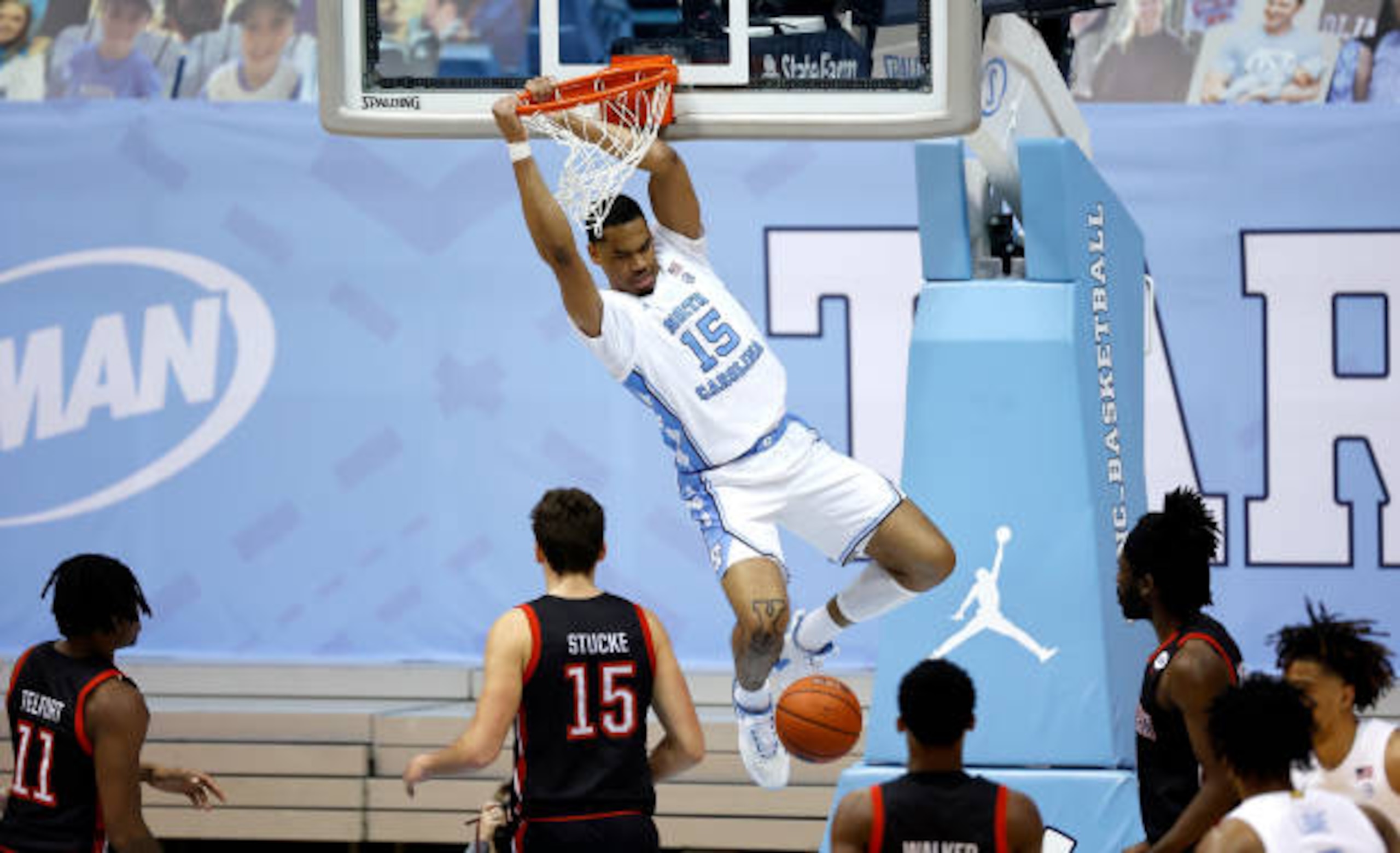 CHAPEL HILL, NORTH CAROLINA - FEBRUARY 17: Garrison Brooks #15 of the North Carolina Tar Heels dunks against the Northeastern Huskies during the second half of their game at the Dean Smith Center on February 17, 2021 in Chapel Hill, North Carolina. North Carolina won 82-62. (Photo by Grant Halverson/Getty Images) CHAPEL HILL, NORTH CAROLINA - FEBRUARY 17: Garrison Brooks #15 of the North Carolina Tar Heels dunks against the Northeastern Huskies during the second half of their game at the Dean Smith Center on February 17, 2021 in Chapel Hill, North Carolina. North Carolina won 82-62. (Photo by Grant Halverson/Getty Images)