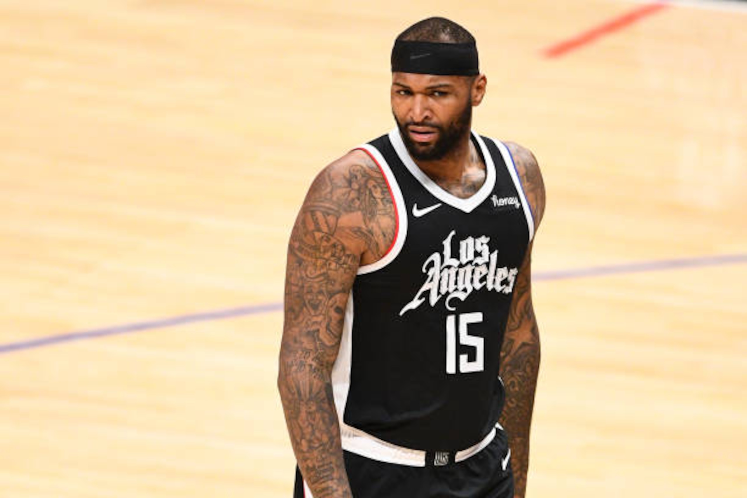 LOS ANGELES, CA - APRIL 09: Los Angeles Clippers Center DeMarcus Cousins (15) looks on during a NBA game between the Houston Rockets and the Los Angeles Clippers on April 9, 2021 at STAPLES Center in Los Angeles, CA. (Photo by Brian Rothmuller/Icon Sportswire via Getty Images)