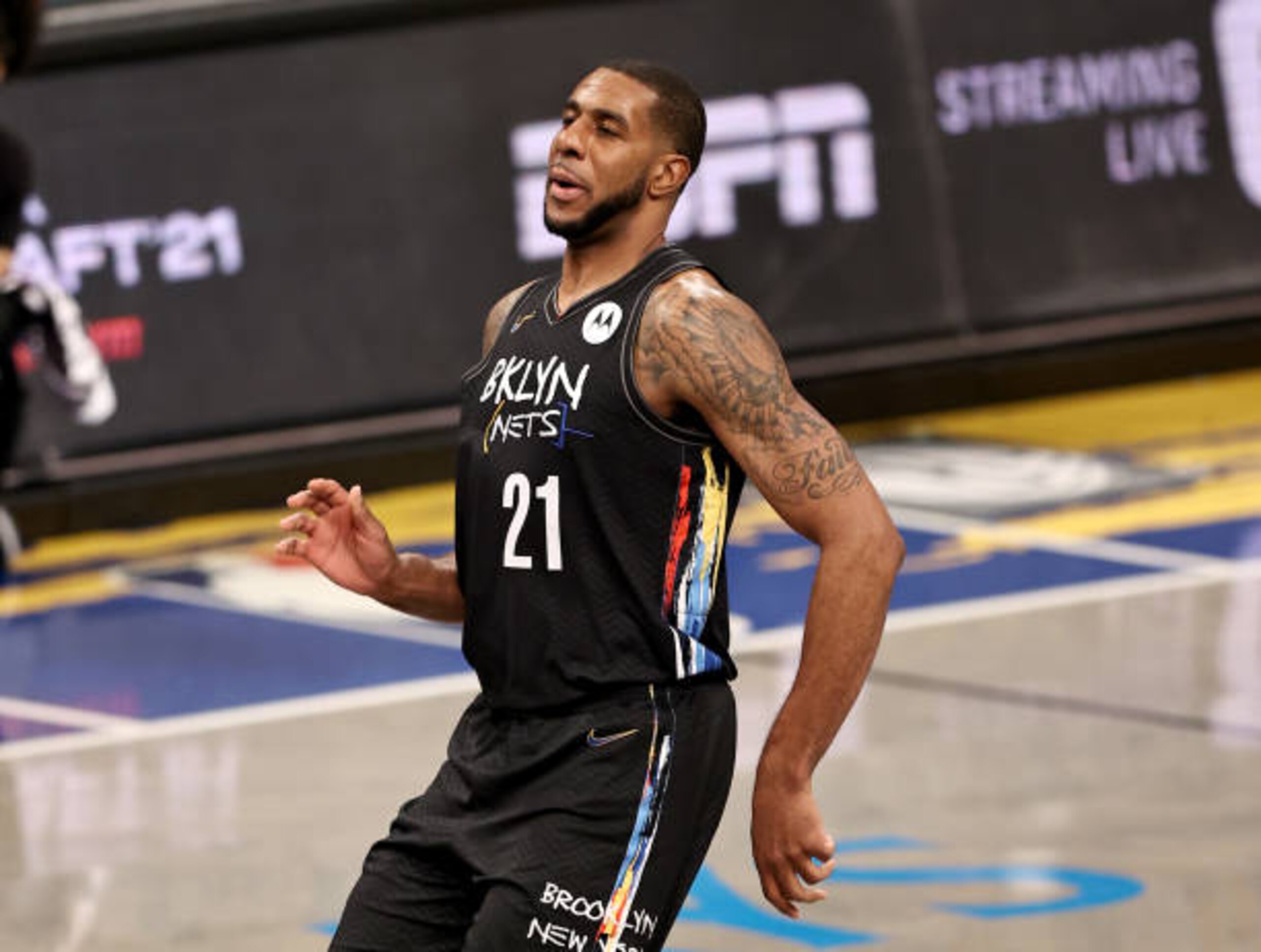 NEW YORK, NEW YORK - APRIL 10:  LaMarcus Aldridge #21 of the Brooklyn Nets watches his shot in the first half against the Los Angeles Lakers at Barclays Center on April 10, 2021 in the Brooklyn borough of New York City.NOTE TO USER: User expressly acknowledges and agrees that, by downloading and or using this photograph, User is consenting to the terms and conditions of the Getty Images License Agreement. (Photo by Elsa/Getty Images)