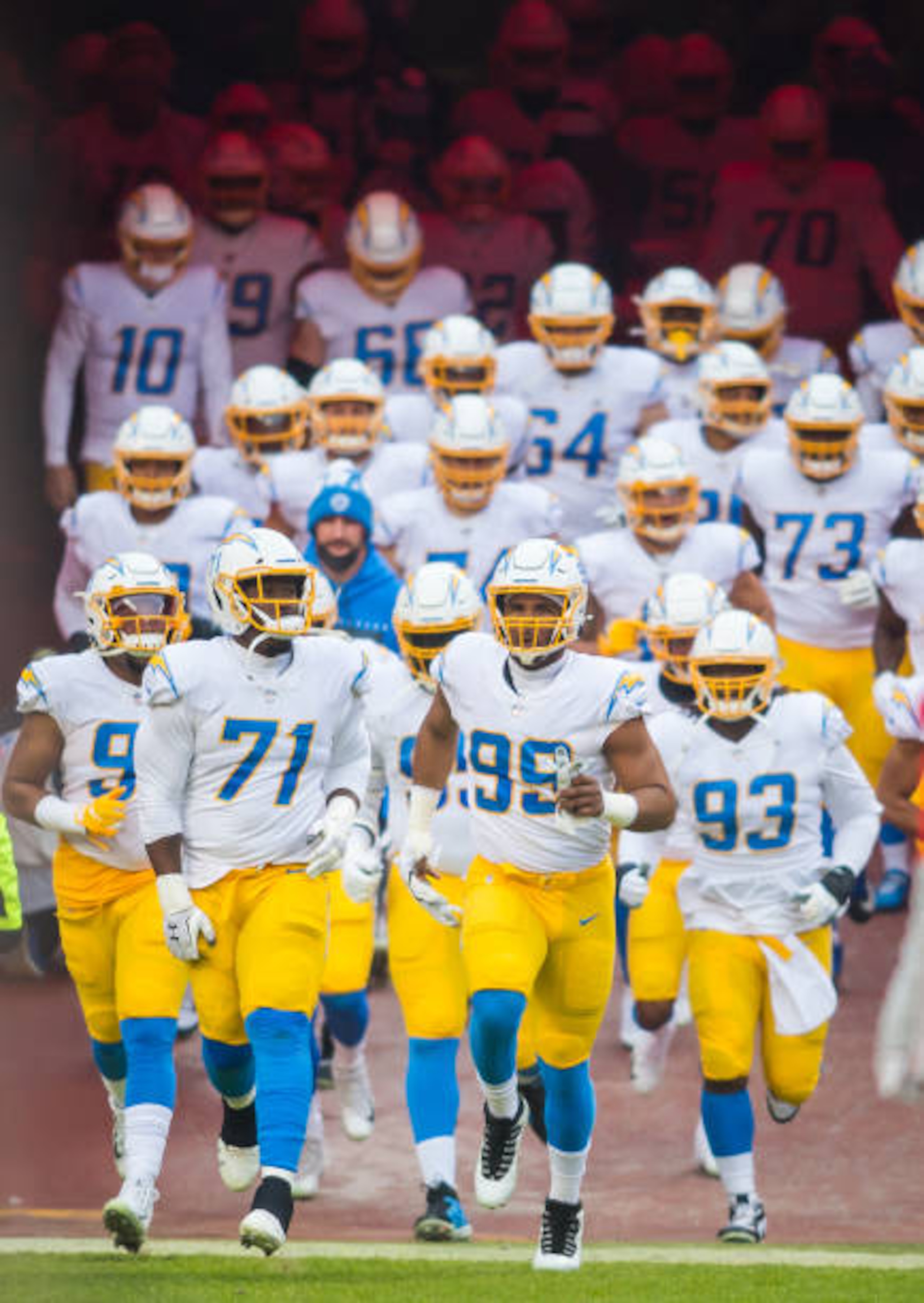 KANSAS CITY, MO - JANUARY 03: Los Angeles Chargers defensive tackle Jerry Tillery (99) leads the team out of the tunnel during the game between the Kansas City Chiefs and the Los Angeles Chargers on Sunday January 3, 2021 at Arrowhead Stadium in Kansas City, Missouri.  (Photo by Nick Tre. Smith/Icon Sportswire via Getty Images)