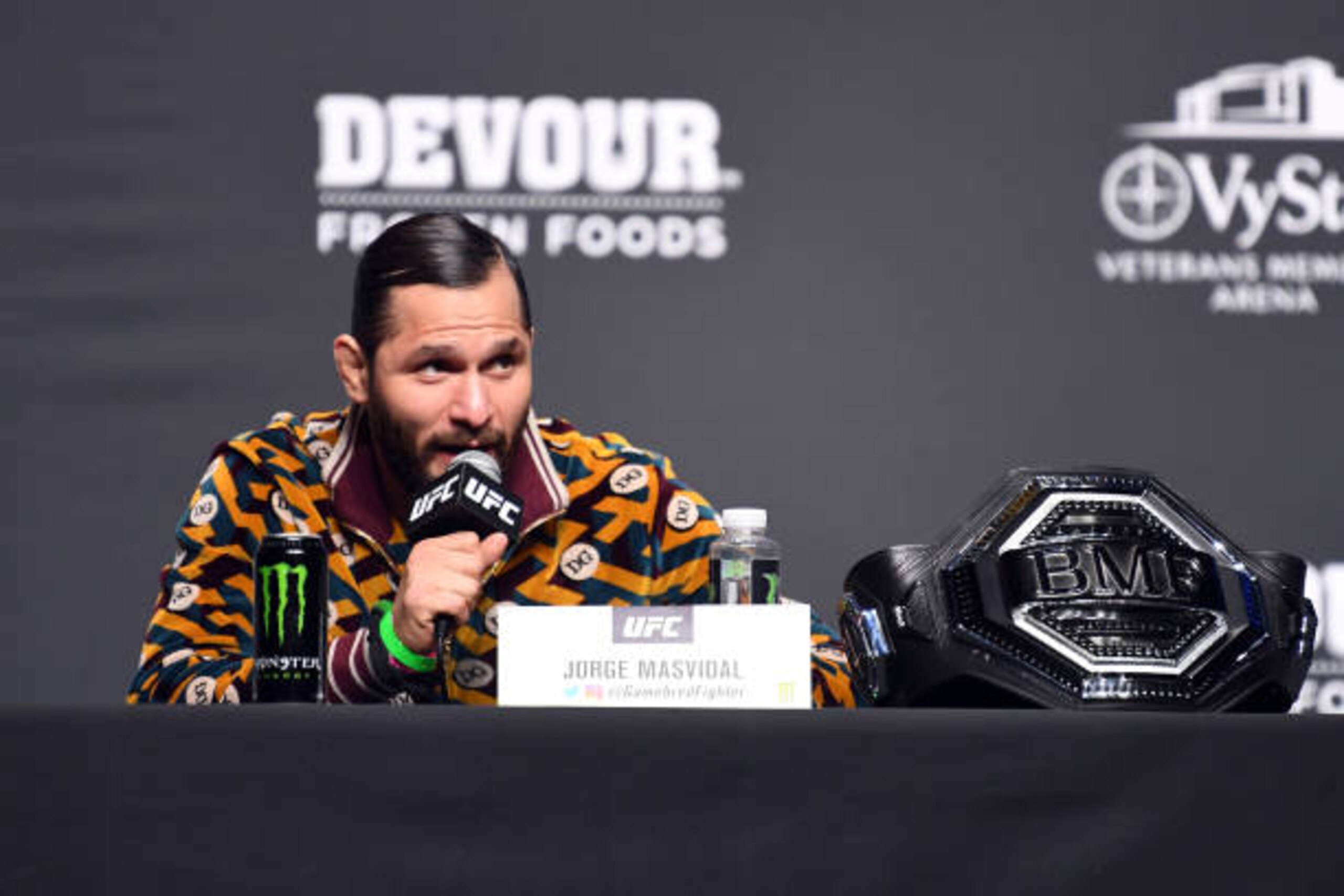 JACKSONVILLE, FLORIDA - APRIL 22: Jorge Masvidal interacts with media during the UFC 261 press conference at VyStar Veterans Memorial Arena on April 22, 2021 in Jacksonville, Florida. (Photo by Josh Hedges/Zuffa LLC)