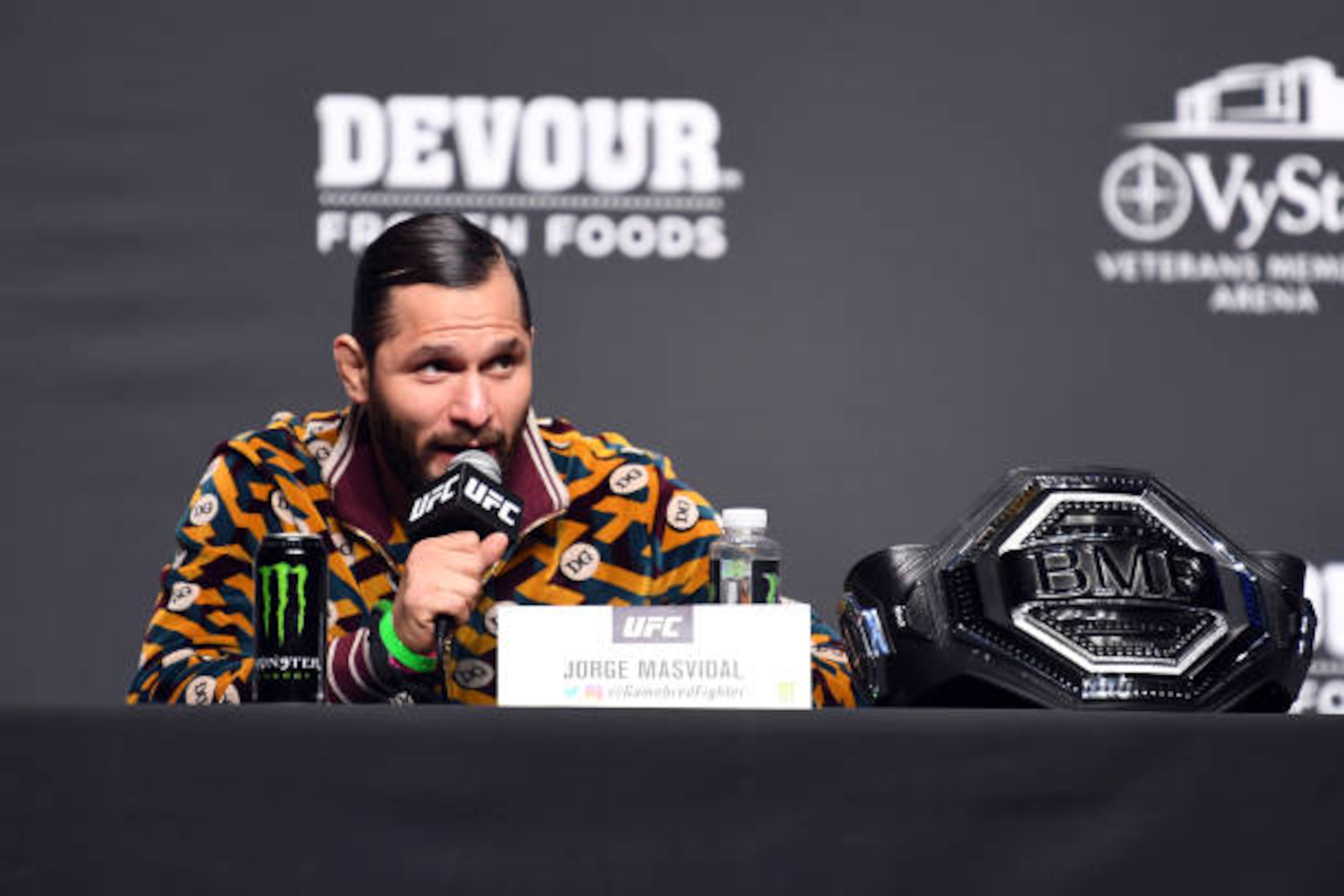 JACKSONVILLE, FLORIDA - APRIL 22: Jorge Masvidal interacts with media during the UFC 261 press conference at VyStar Veterans Memorial Arena on April 22, 2021 in Jacksonville, Florida. (Photo by Josh Hedges/Zuffa LLC)
