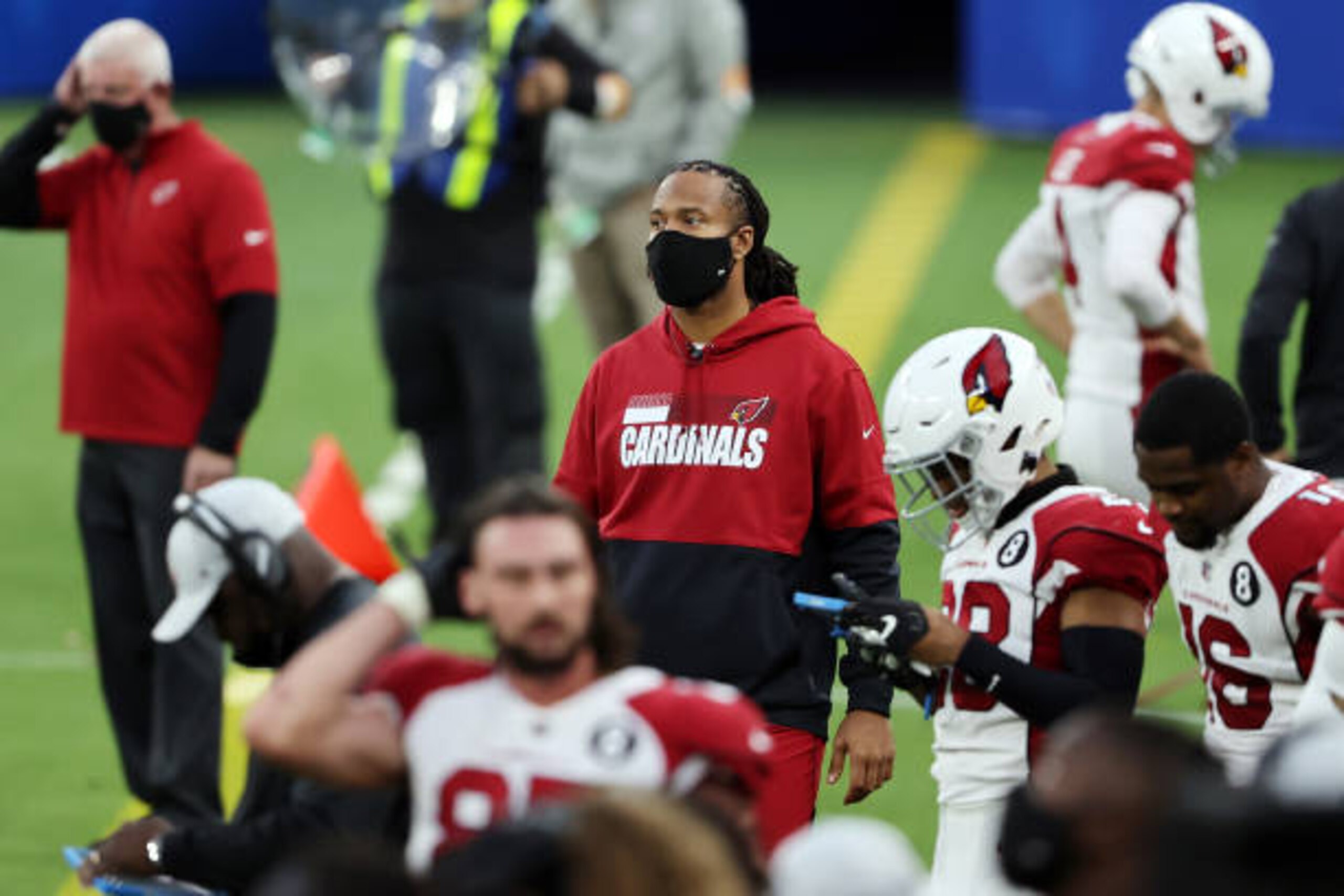 INGLEWOOD, CALIFORNIA - JANUARY 03: Larry Fitzgerald #11 of the Arizona Cardinals stands on the sideline during the second half against the Los Angeles Rams at SoFi Stadium on January 03, 2021 in Inglewood, California. (Photo by Sean M. Haffey/Getty Images)