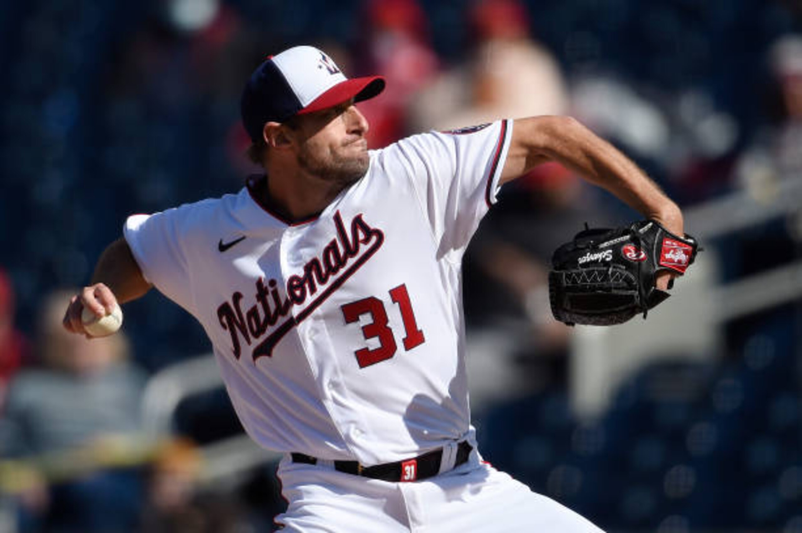 WASHINGTON, DC - APRIL 21: Max Scherzer #31 of the Washington Nationals pitches against the St. Louis Cardinals in the first inning at Nationals Park on April 21, 2021 in Washington, DC. (Photo by Patrick McDermott/Getty Images)