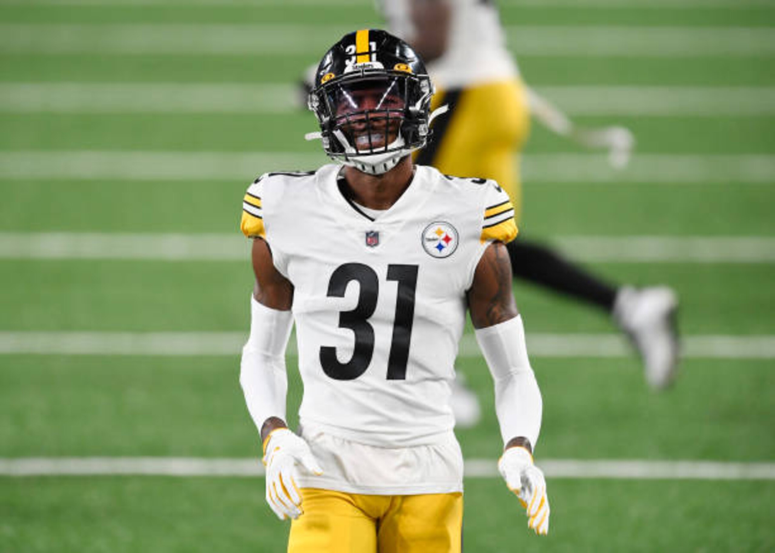 EAST RUTHERFORD, NEW JERSEY - SEPTEMBER 14: Justin Layne #31 of the Pittsburgh Steelers looks on during the second half against the New York Giants at MetLife Stadium on September 14, 2020 in East Rutherford, New Jersey. (Photo by Sarah Stier/Getty Images)