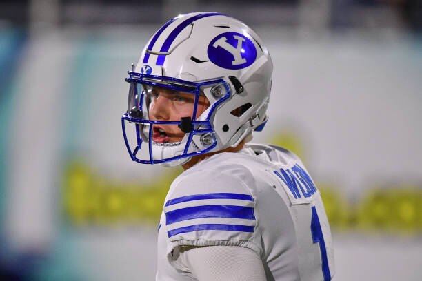 BOCA RATON, FLORIDA - DECEMBER 22: Zach Wilson #1 of the Brigham Young Cougars in action against the Central Florida Knights at FAU Stadium on December 22, 2020 in Boca Raton, Florida. (Photo by Mark Brown/Getty Images)