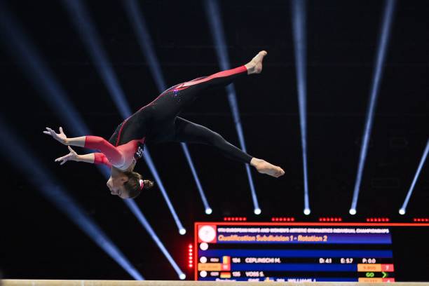 Germany's Sarah Voss competes in the Women's beam qualifications during European Artistic Gymnastics Championships at the St Jakobshalle, in Basel, on April 21, 2021. (Photo by Fabrice COFFRINI / AFP) (Photo by FABRICE COFFRINI/AFP via Getty Images)