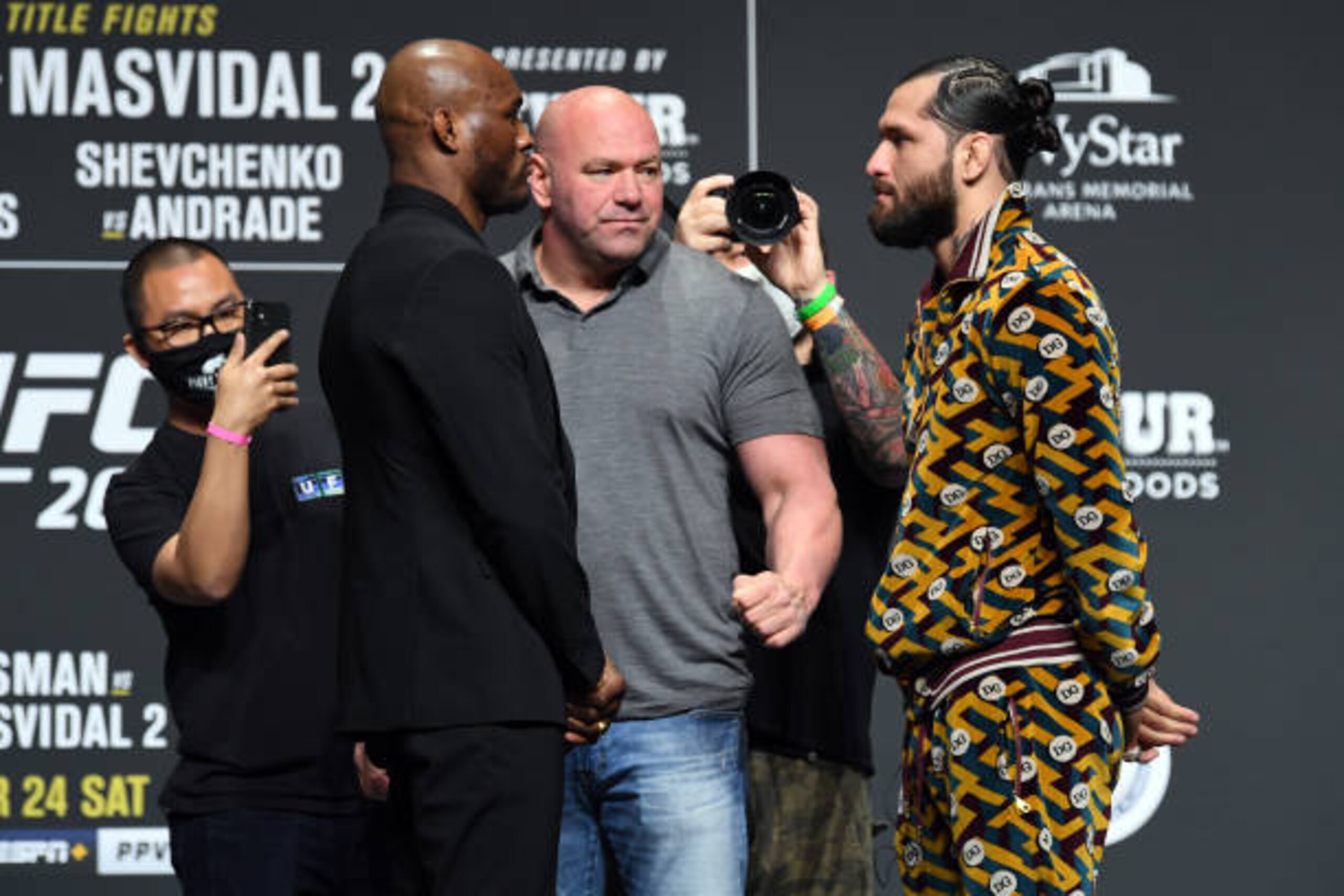 JACKSONVILLE, FLORIDA - APRIL 22: (L-R) UFC Welterweight Champion Kamaru Usman of Nigeria and Jorge Masvidal face off during the UFC 261 press conference at VyStar Veterans Memorial Arena on April 22, 2021 in Jacksonville, Florida. (Photo by Josh Hedges/Zuffa LLC)