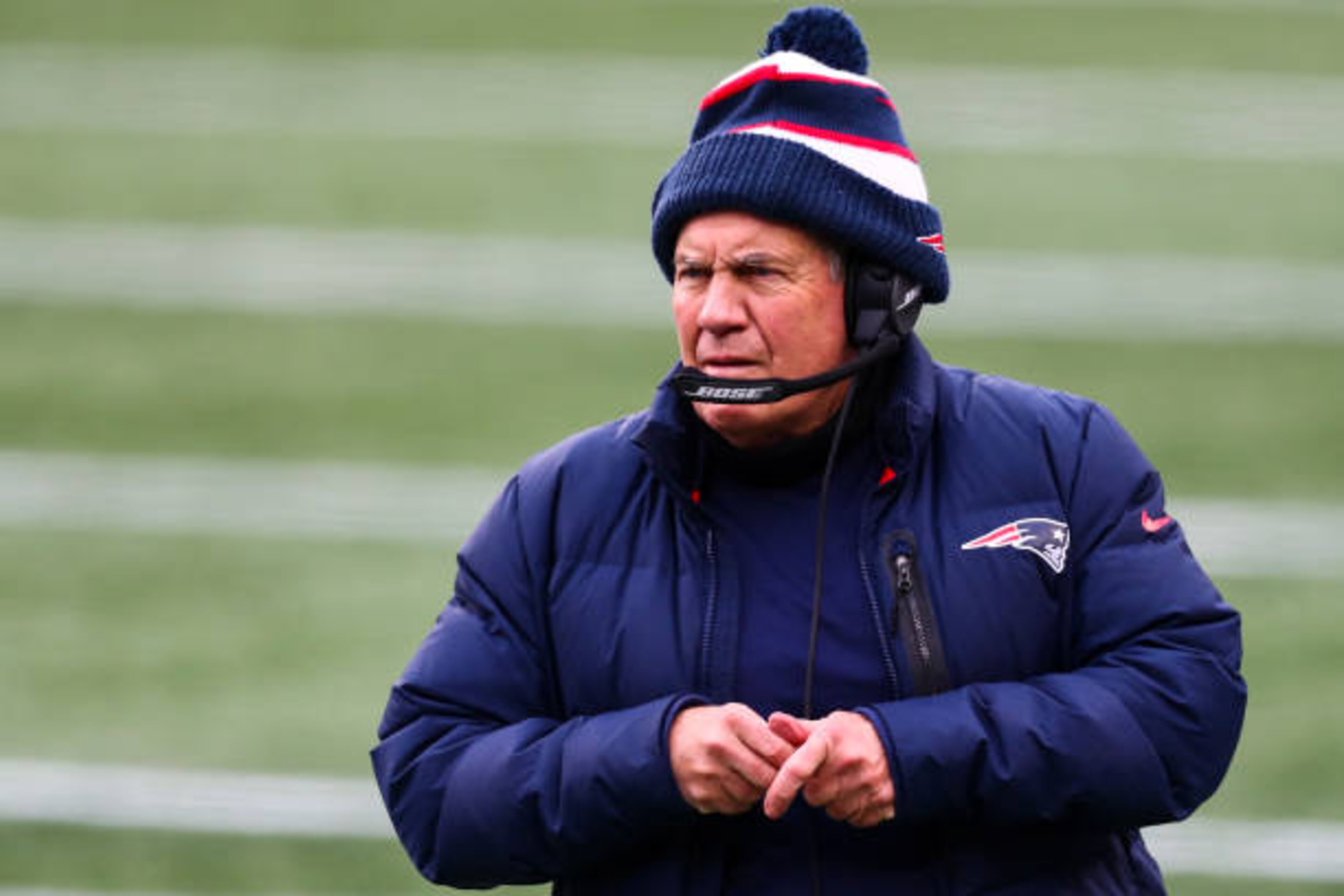 FOXBOROUGH, MA - JANUARY 03: Head coach Bill Belichick of the New England Patriots looks on during a game against the New York Jets at Gillette Stadium on January 3, 2021 in Foxborough, Massachusetts. (Photo by Adam Glanzman/Getty Images) FOXBOROUGH, MA - JANUARY 03: Head coach Bill Belichick of the New England Patriots looks on during a game against the New York Jets at Gillette Stadium on January 3, 2021 in Foxborough, Massachusetts. (Photo by Adam Glanzman/Getty Images)