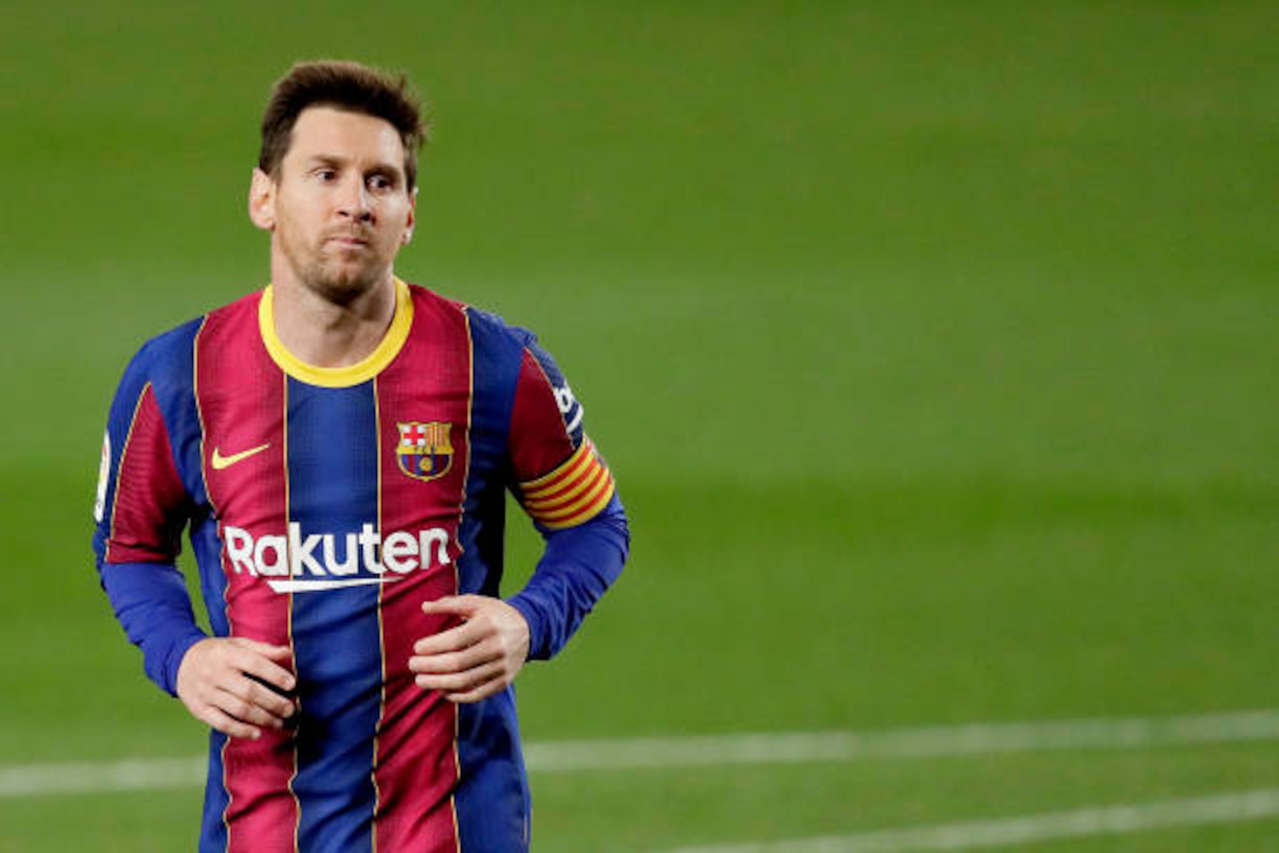 BARCELONA, SPAIN - APRIL 22: Lionel Messi of FC Barcelona  during the La Liga Santander  match between FC Barcelona v Getafe at the Camp Nou on April 22, 2021 in Barcelona Spain (Photo by David S. Bustamante/Soccrates/Getty Images)