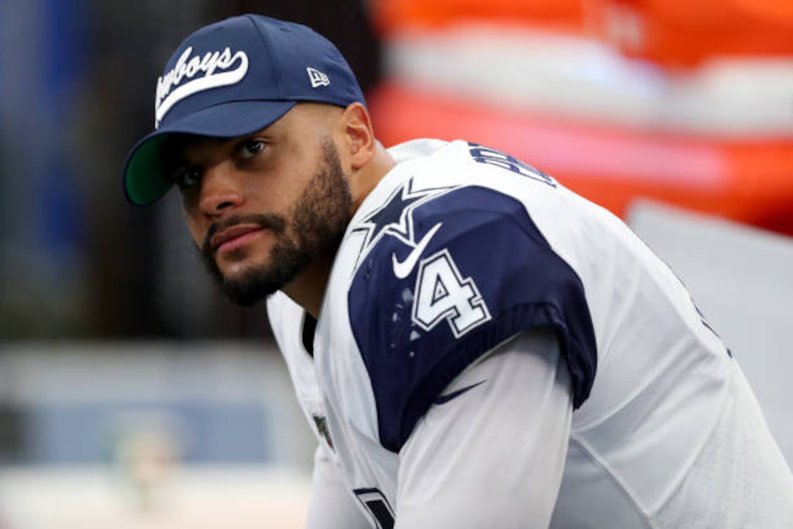 ARLINGTON, TEXAS - SEPTEMBER 22: Dak Prescott #4 of the Dallas Cowboys on the sidelines as the Cowboys take on the Miami Dolphins in the fourth quarter at AT&T Stadium on September 22, 2019 in Arlington, Texas. (Photo by Tom Pennington/Getty Images)