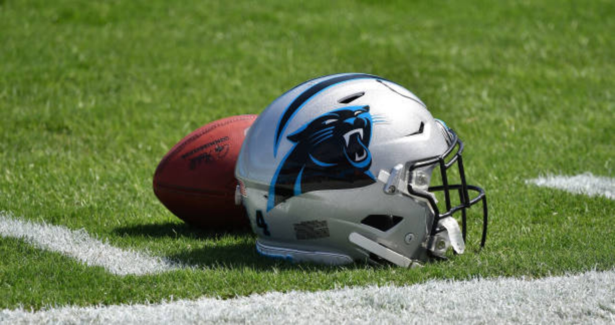 CHARLOTTE, NORTH CAROLINA - SEPTEMBER 13: Detail photo of a Carolina Panthers helmet during their game against the Las Vegas Raiders at Bank of America Stadium on September 13, 2020 in Charlotte, North Carolina. Las Vegas won 34-30. (Photo by Grant Halverson/Getty Images)