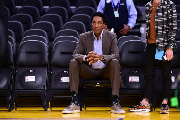 SAN FRANCISCO, CA - MARCH 7: NBA legend, Scottie Pippen, watches warm ups before the game on March 7, 2020 at Chase Center in San Francisco, California. NOTE TO USER: User expressly acknowledges and agrees that, by downloading and or using this photograph, user is consenting to the terms and conditions of Getty Images License Agreement. Mandatory Copyright Notice: Copyright 2020 NBAE (Photo by Noah Graham/NBAE via Getty Images)