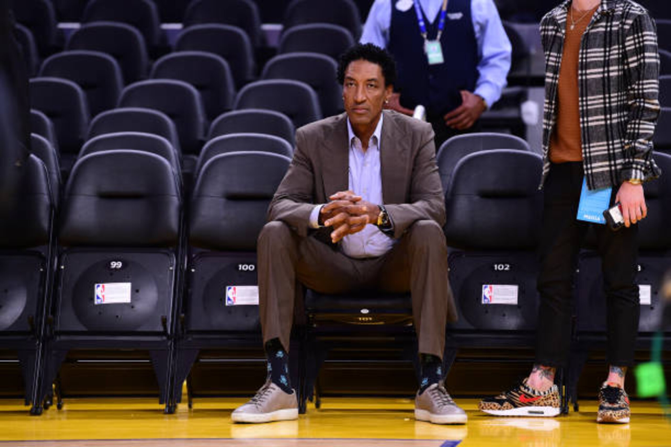 SAN FRANCISCO, CA - MARCH 7: NBA legend, Scottie Pippen, watches warm ups before the game on March 7, 2020 at Chase Center in San Francisco, California. NOTE TO USER: User expressly acknowledges and agrees that, by downloading and or using this photograph, user is consenting to the terms and conditions of Getty Images License Agreement. Mandatory Copyright Notice: Copyright 2020 NBAE (Photo by Noah Graham/NBAE via Getty Images) SAN FRANCISCO, CA - MARCH 7: NBA legend, Scottie Pippen, watches warm ups before the game on March 7, 2020 at Chase Center in San Francisco, California. NOTE TO USER: User expressly acknowledges and agrees that, by downloading and or using this photograph, user is consenting to the terms and conditions of Getty Images License Agreement. Mandatory Copyright Notice: Copyright 2020 NBAE (Photo by Noah Graham/NBAE via Getty Images)