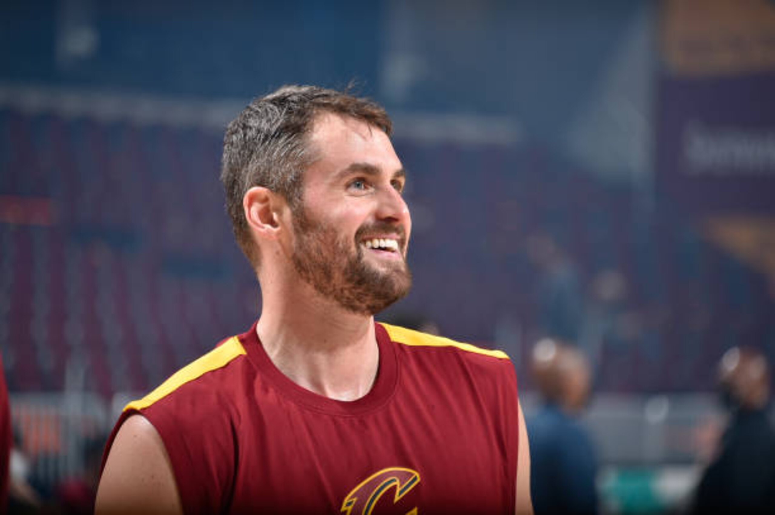CLEVELAND, OH - APRIL 28: Kevin Love #0 of the Cleveland Cavaliers smiles before the game against the Orlando Magic on April 28, 2021 at Rocket Mortgage FieldHouse in Cleveland, Ohio. NOTE TO USER: User expressly acknowledges and agrees that, by downloading and/or using this Photograph, user is consenting to the terms and conditions of the Getty Images License Agreement. Mandatory Copyright Notice: Copyright 2021 NBAE (Photo by David Liam Kyle/NBAE via Getty Images)