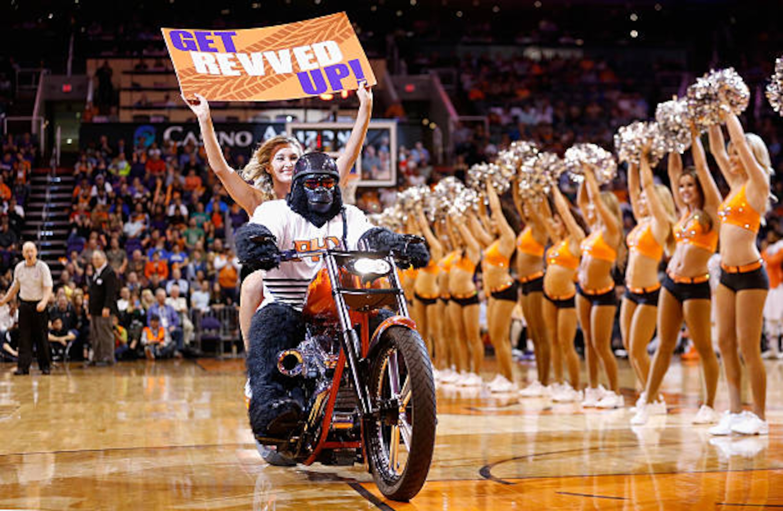 PHOENIX, AZ - FEBRUARY 23:  Phoenix Suns mascot "Gorilla" performs on a motorcycle during the NBA game against the Boston Celtics at US Airways Center on February 23, 2015 in Phoenix, Arizona. NOTE TO USER: User expressly acknowledges and agrees that, by downloading and or using this photograph, User is consenting to the terms and conditions of the Getty Images License Agreement.  (Photo by Christian Petersen/Getty Images)