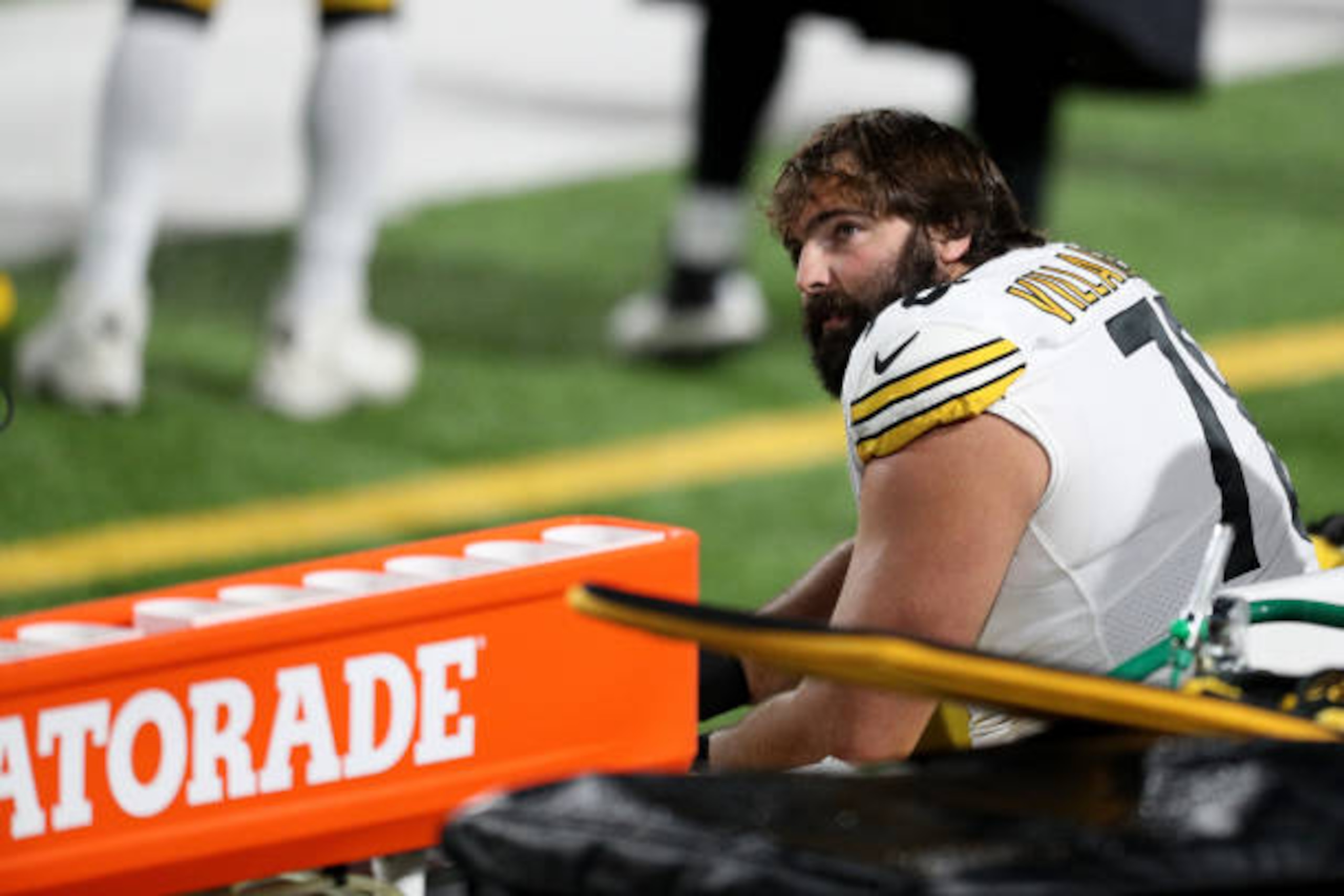 ORCHARD PARK, NEW YORK - DECEMBER 13: Alejandro Villanueva #78 of the Pittsburgh Steelers looks on during a game against the Buffalo Bills at Bills Stadium on December 13, 2020 in Orchard Park, New York. (Photo by Bryan Bennett/Getty Images)
