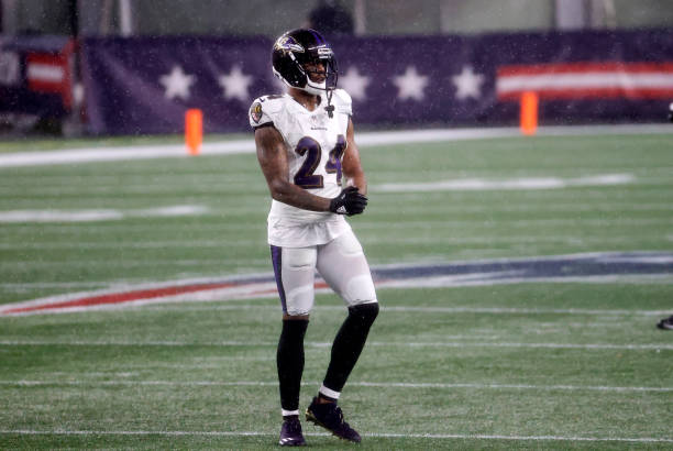 FOXBOROUGH, MA - NOVEMBER 15: Baltimore Ravens cornerback Marcus Peters (24) during a game between the New England Patriots and the Baltimore Ravens on November 15, 2020, at Gillette Stadium in Foxborough, Massachusetts. (Photo by Fred Kfoury III/Icon Sportswire via Getty Images)