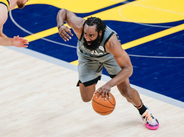 INDIANAPOLIS, IN - MARCH 17: James Harden #13 of the Brooklyn Nets dribbles the ball against the Indiana Pacers at Bankers Life Fieldhouse on March 17, 2021 in Indianapolis, Indiana. NOTE TO USER: User expressly acknowledges and agrees that, by downloading and or using this photograph, User is consenting to the terms and conditions of the Getty Images License Agreement.  (Photo by Michael Hickey/Getty Images)